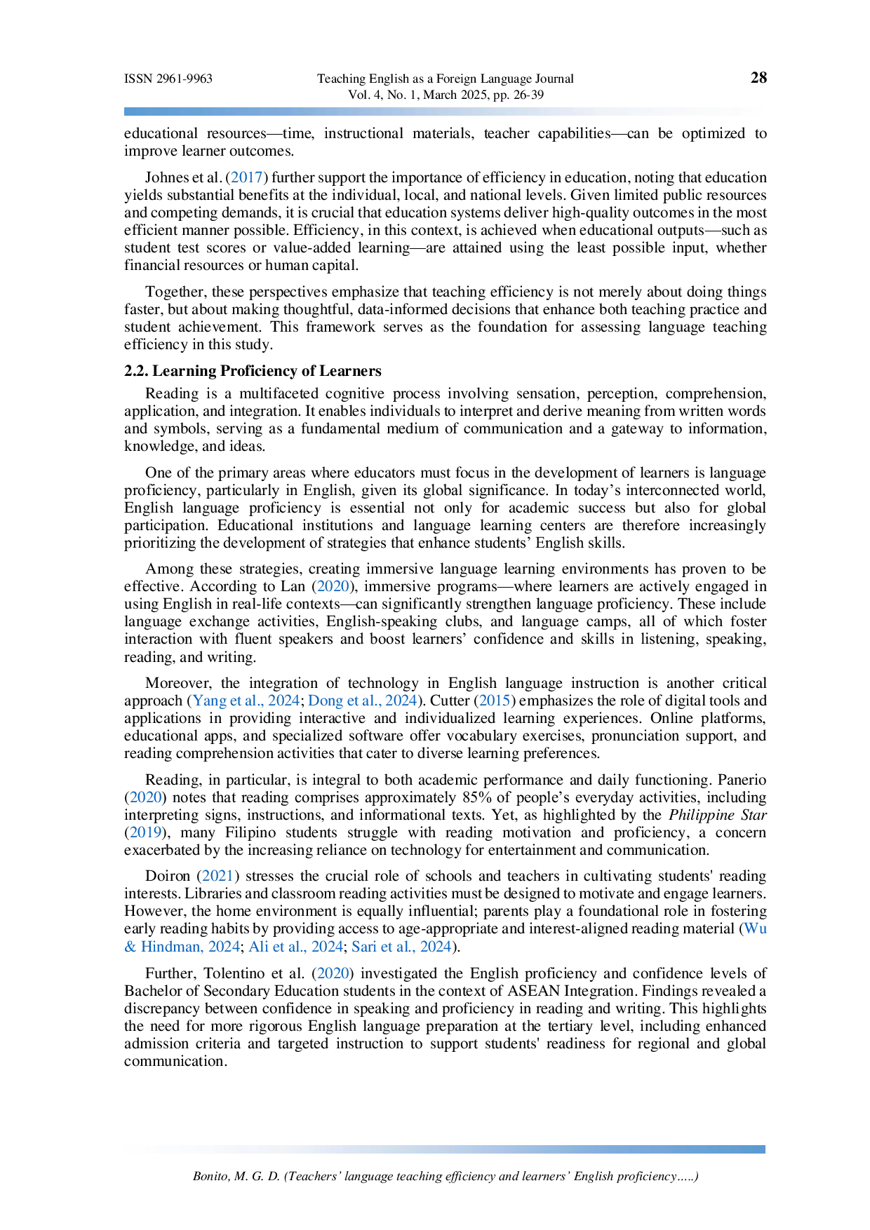 JURIS Teachers language teaching efficiency and learners English proficiency Basis for an intervention program in Ocampo district