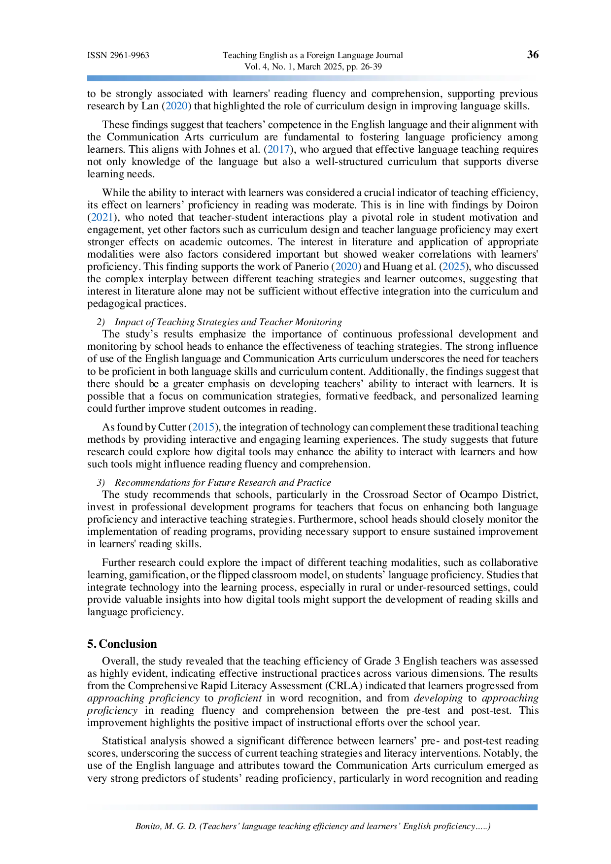 JURIS Teachers language teaching efficiency and learners English proficiency Basis for an intervention program in Ocampo district
