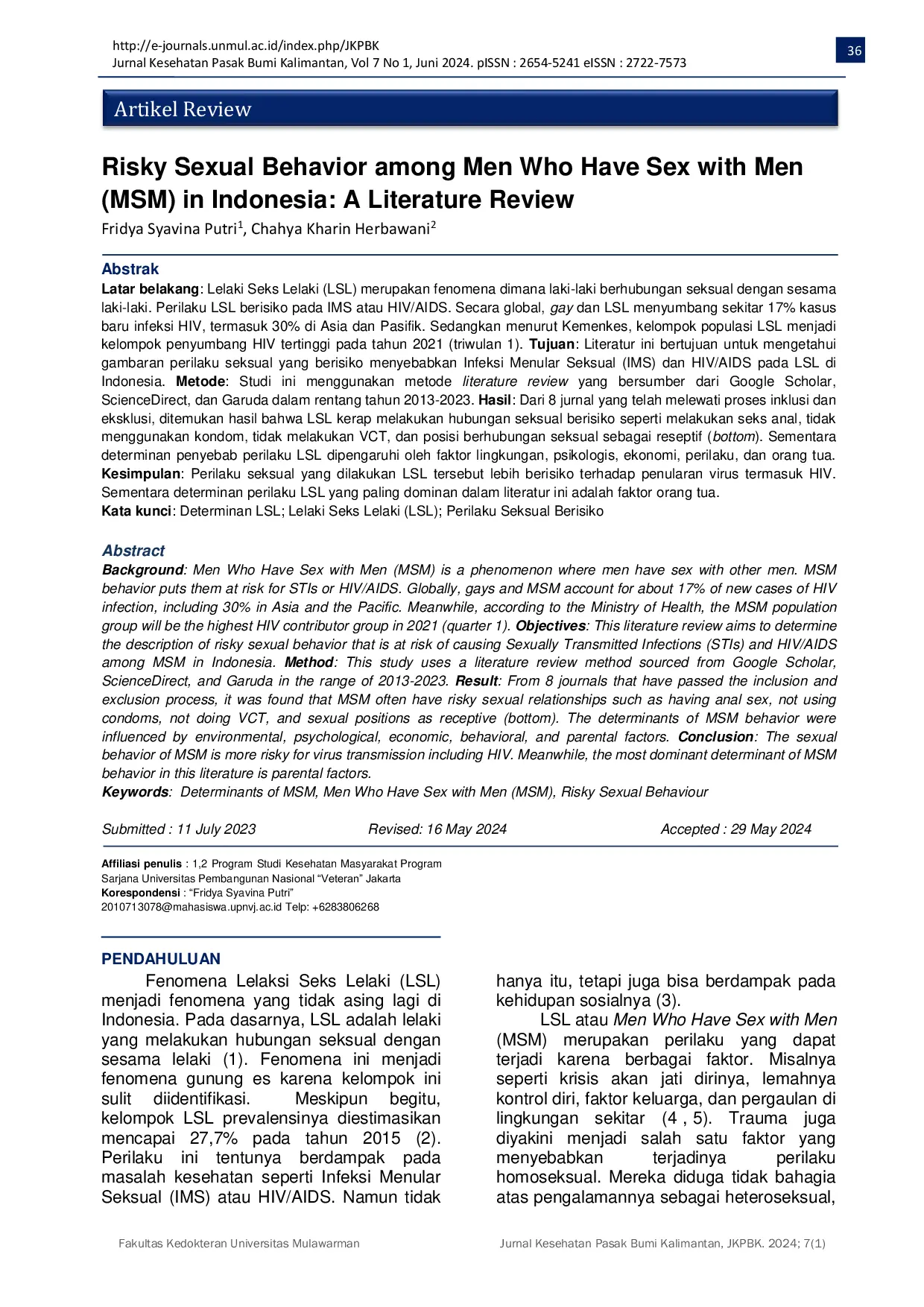 JURIS Risky Sexual Behavior among Men Who Have Sex with Men MSM in Indonesia A Literature Review