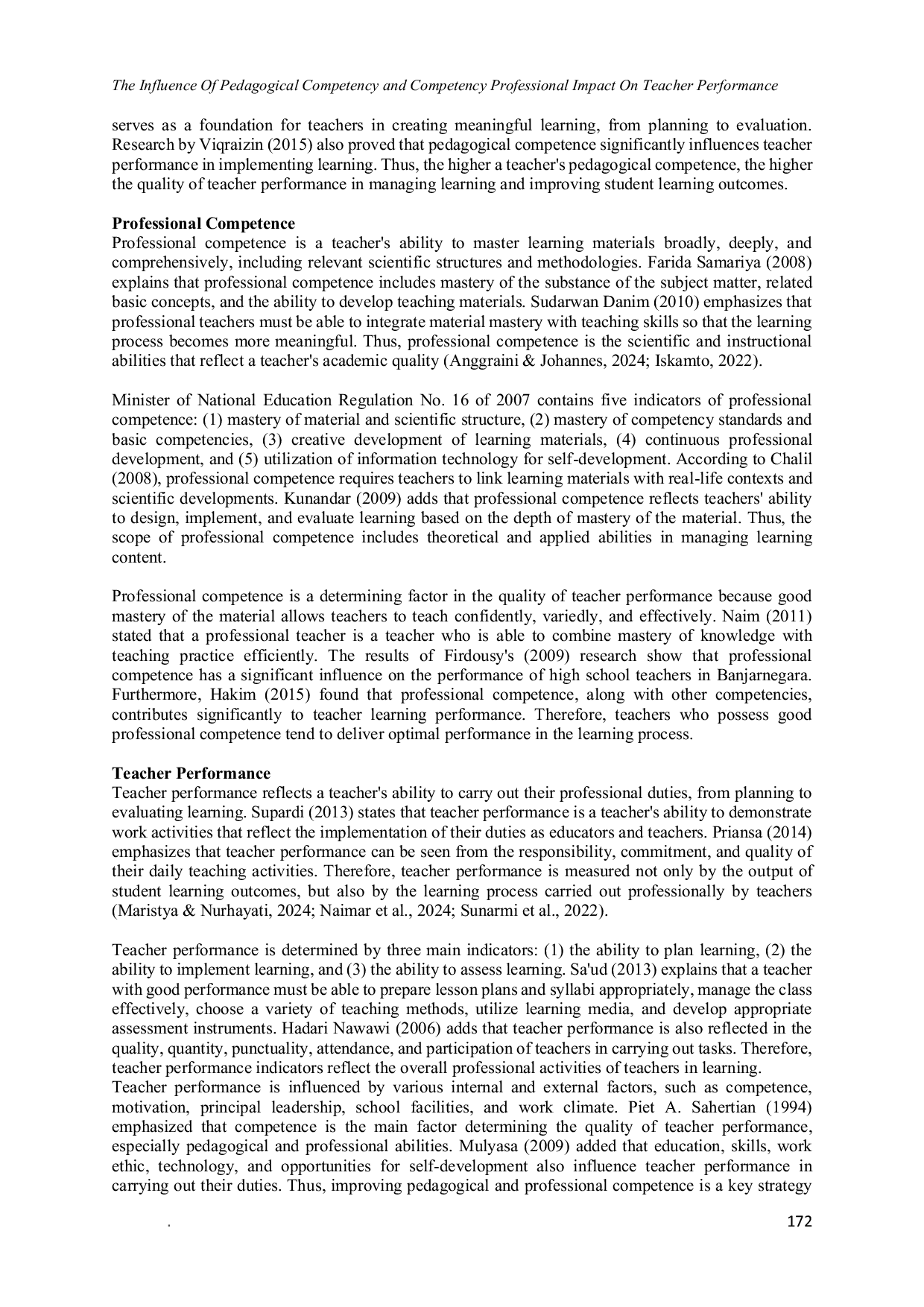 JURIS The Influence Of Pedagogical Competency and Competency Professional Impact On Teacher Performance