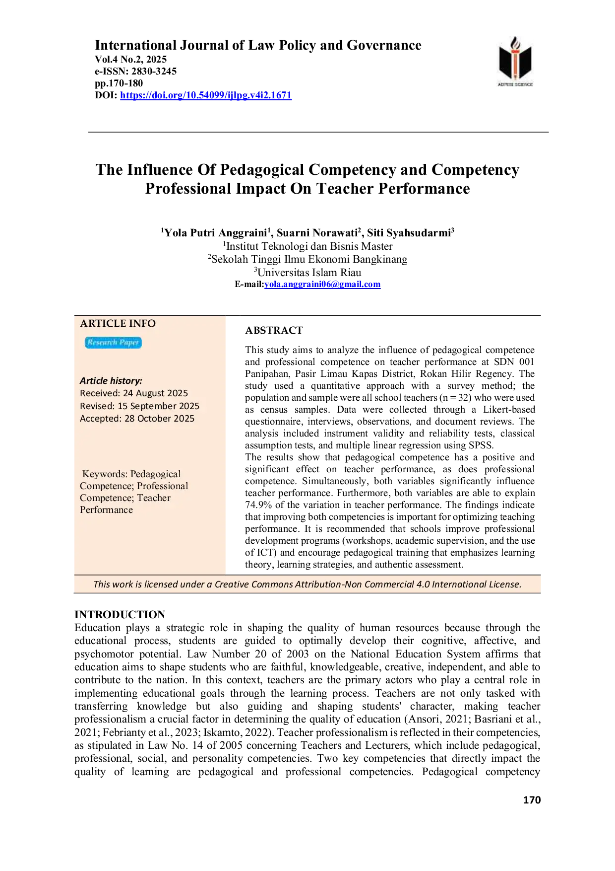 JURIS The Influence Of Pedagogical Competency and Competency Professional Impact On Teacher Performance