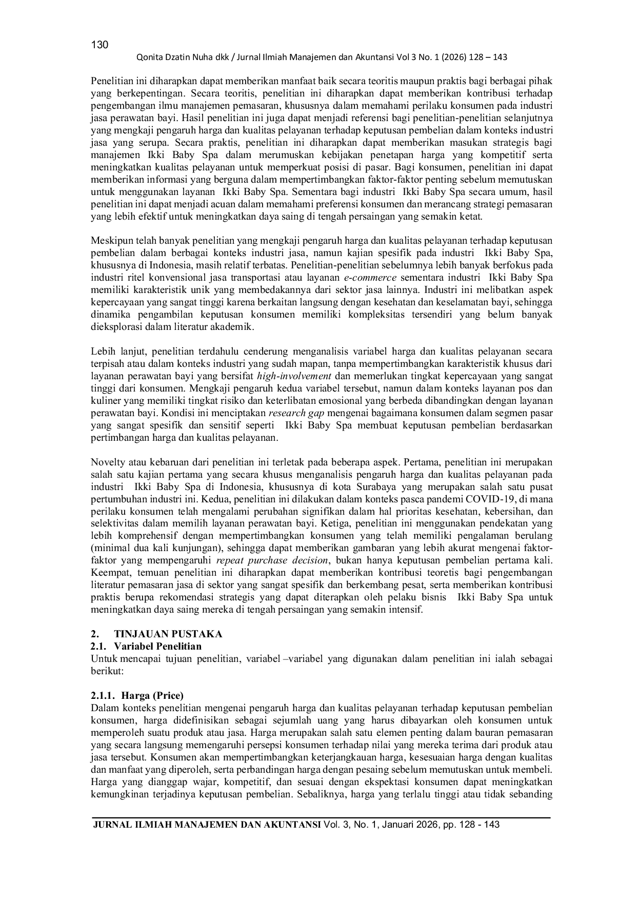 JURIS Pengaruh Harga dan Kualitas Pelayanan terhadap Keputusan Pembelian Konsumen pada Ikki Baby Spa