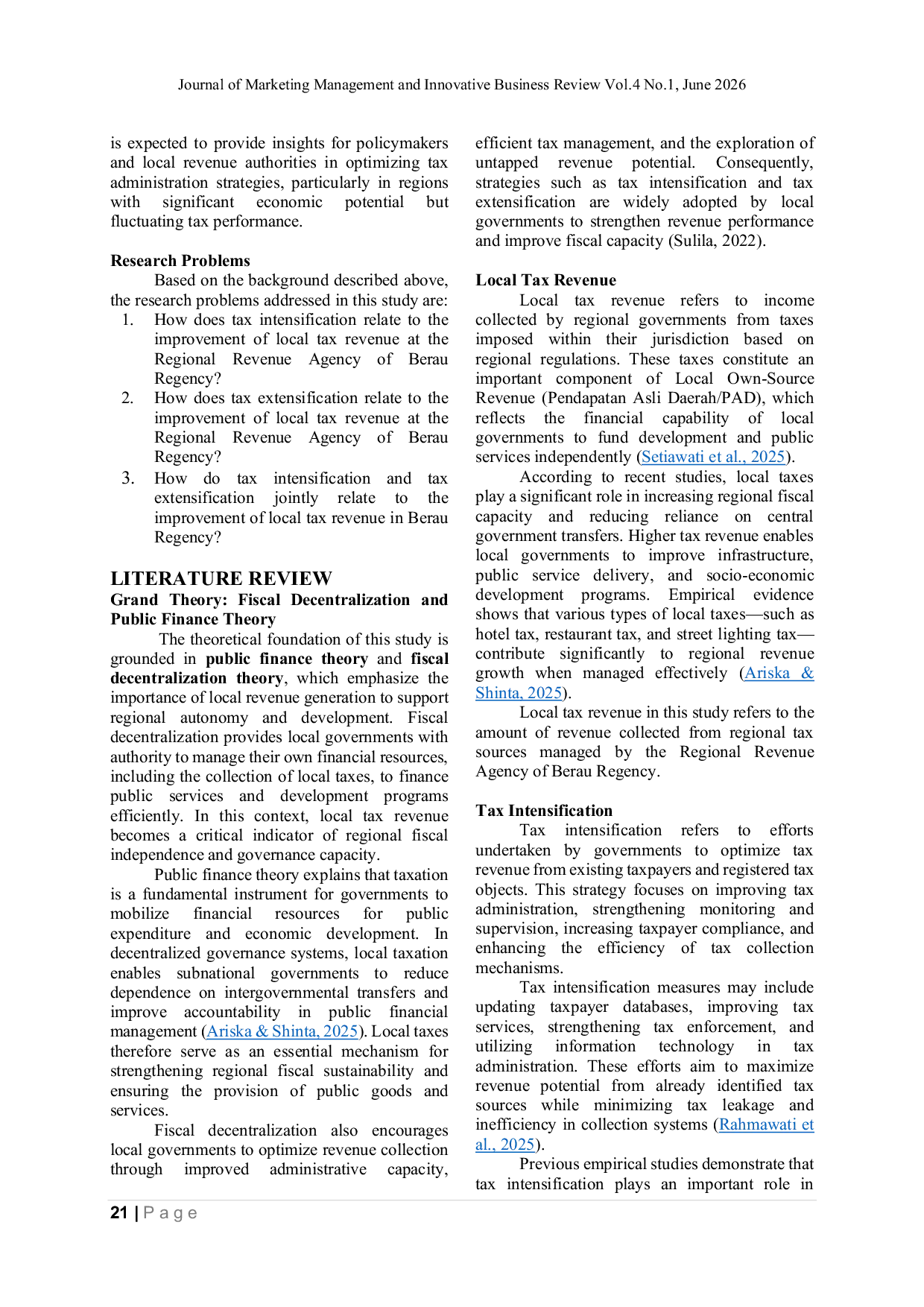 JURIS Tax Intensification and Extensification in Enhancing Local Tax Revenue Evidence from the Regional Revenue Agency of Berau Regency