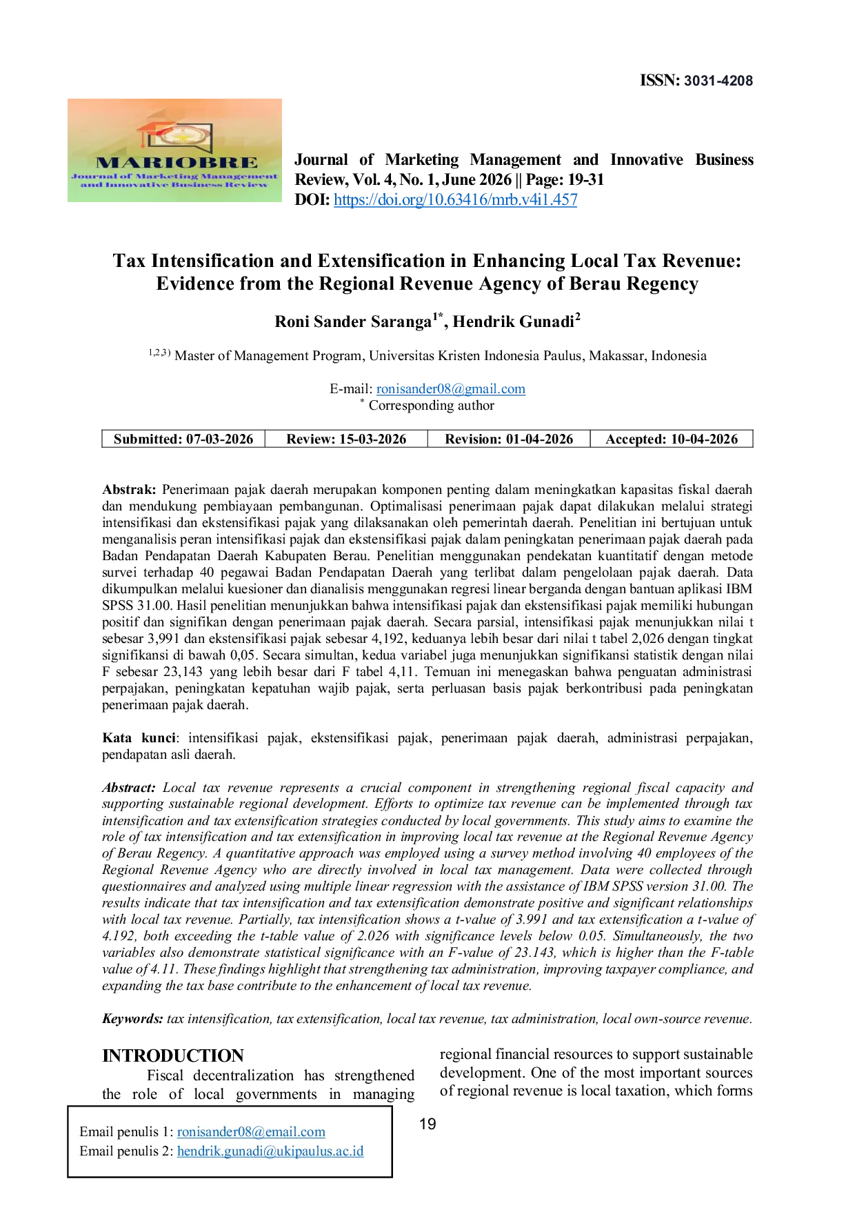JURIS Tax Intensification and Extensification in Enhancing Local Tax Revenue Evidence from the Regional Revenue Agency of Berau Regency