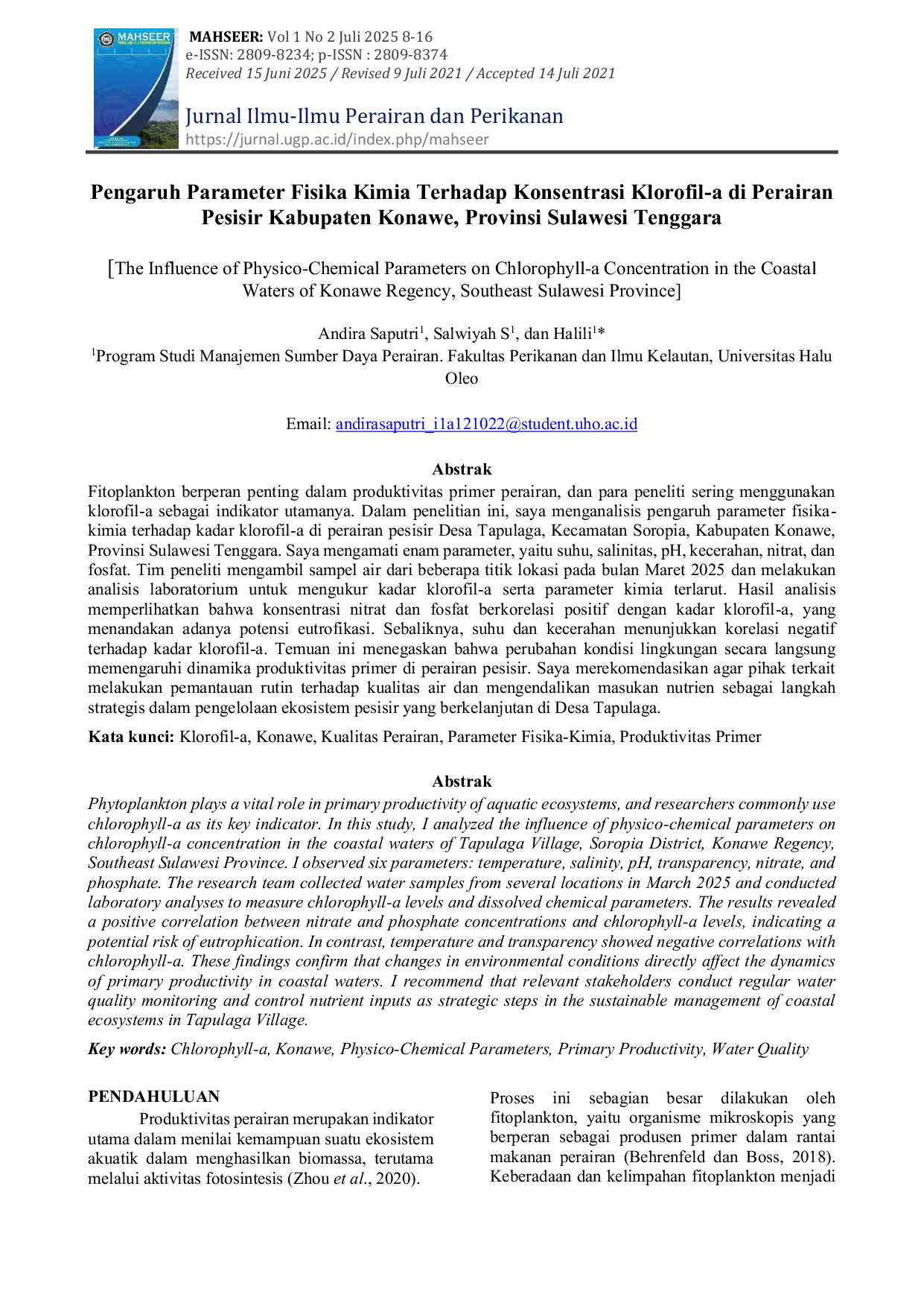 JURIS PENGARUH PARAMETER FISIKA KIMIA TERHADAP KONSENTRASI KLOROFIL a DI PERAIRAN PESISIR KABUPATEN KONAWE PROVINSI SULAWESI TENGGARA