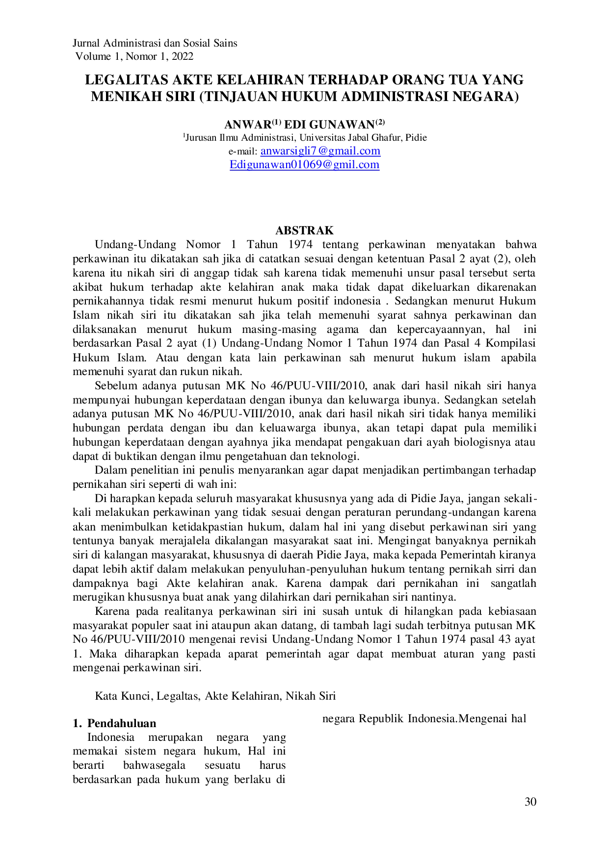 juris Legalitas Akte Kelahiran Terhadap Orang Tua Yang Menikah Siri Tinjauan Hukum Administrasi Negara