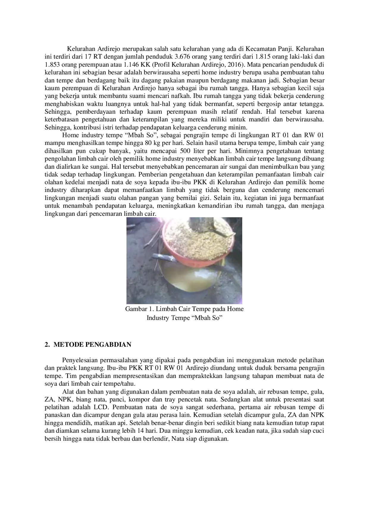 JURIS Pelatihan Pembuatan Nata De Soya Di Kelurahan Ardirejo Sebagai Pemanfaatan Limbah Cair Olahan Kedelai