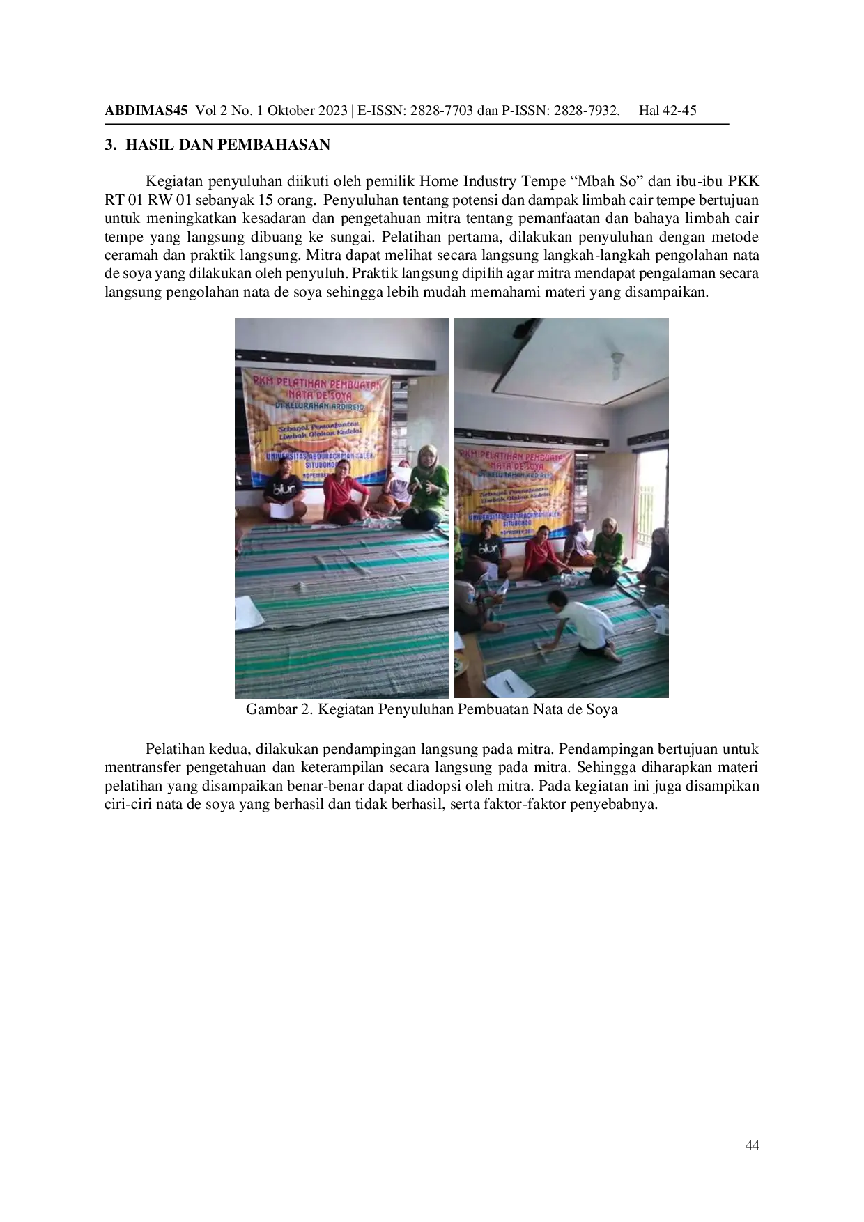 JURIS Pelatihan Pembuatan Nata De Soya Di Kelurahan Ardirejo Sebagai Pemanfaatan Limbah Cair Olahan Kedelai