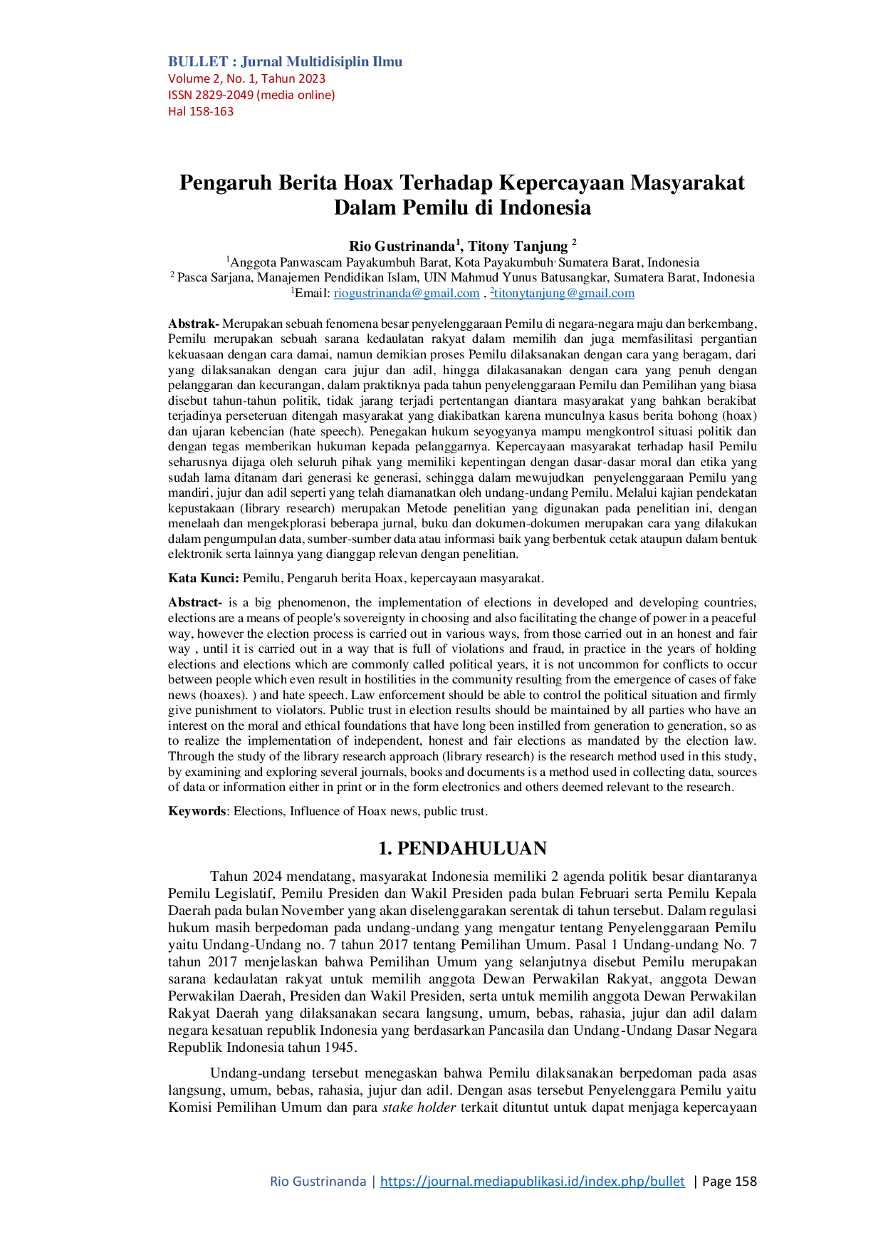 JURIS Pengaruh Berita Hoax Terhadap Kepercayaan Masyarakat Dalam Pemilu di Indonesia
