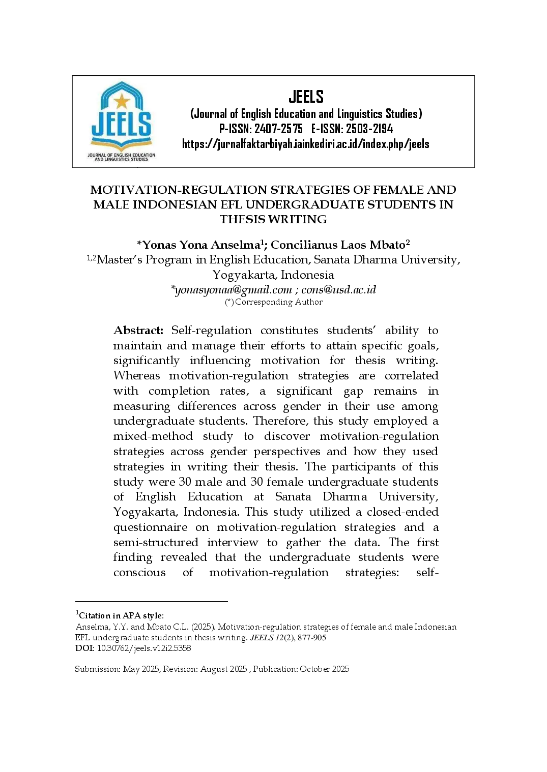 juris Motivation Regulation Strategies of Female and Male Indonesian EFL Undergraduate Students in Thesis Writing