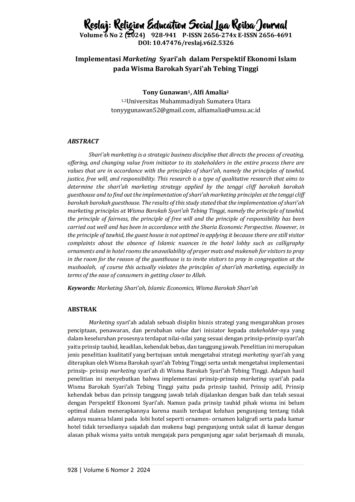 juris Implementasi Marketing Syari ah dalam Perspektif Ekonomi Islam pada Wisma Barokah Syari ah Tebing Tinggi