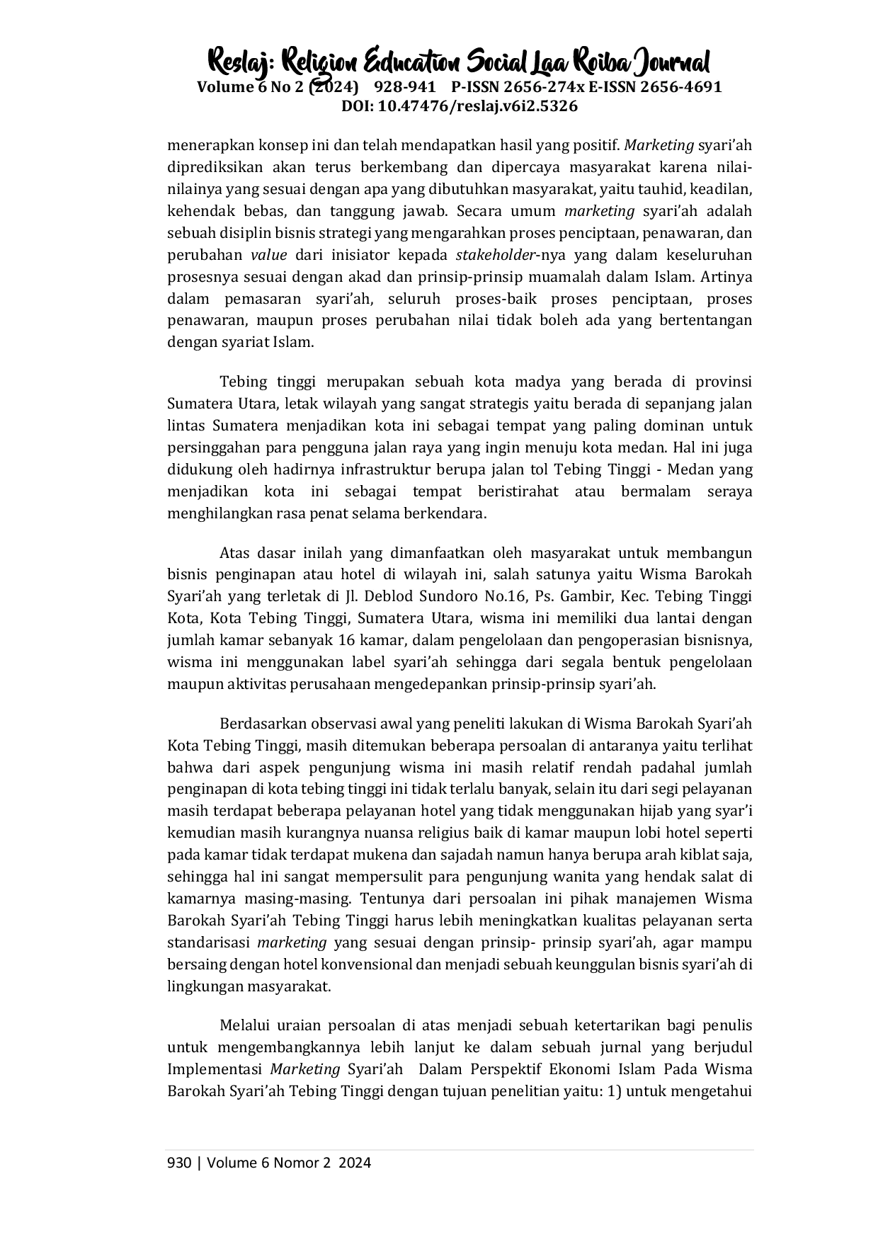 juris Implementasi Marketing Syari ah dalam Perspektif Ekonomi Islam pada Wisma Barokah Syari ah Tebing Tinggi