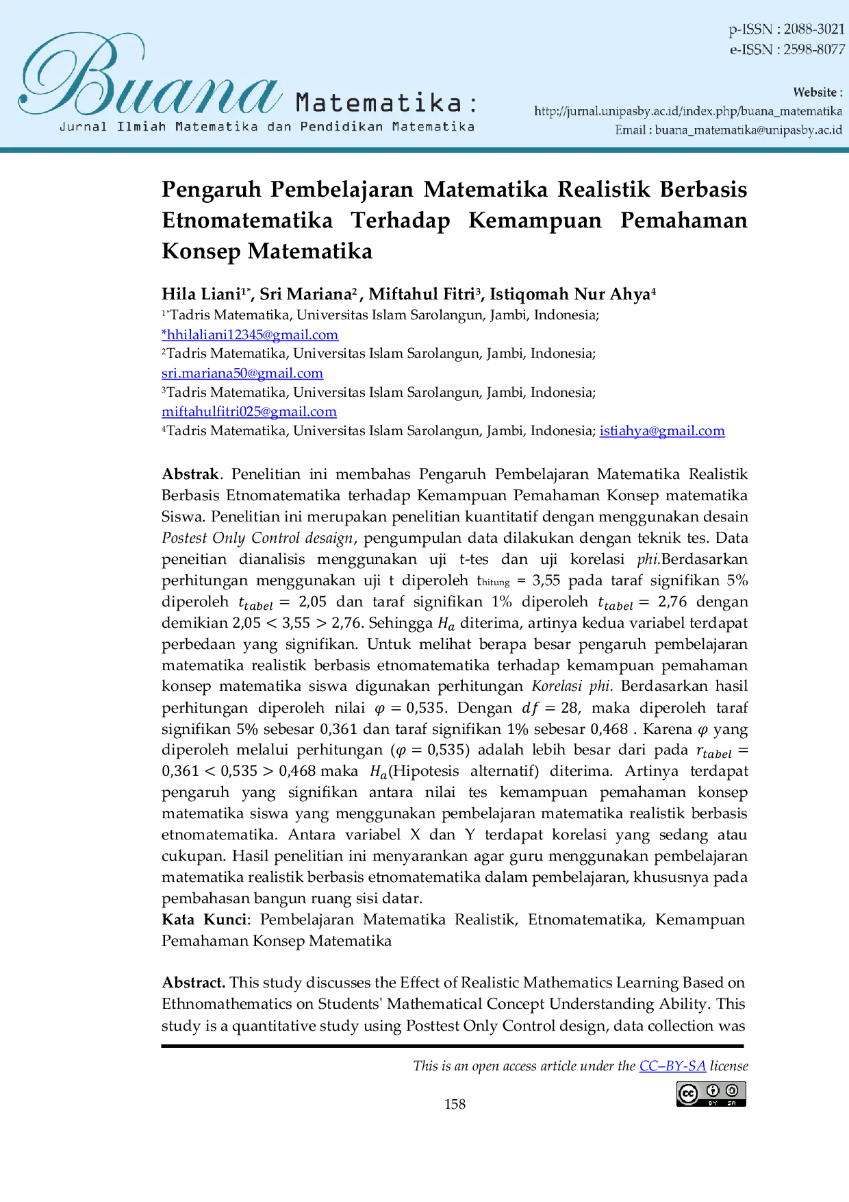 JURIS Pengaruh Pembelajaran Matematika Realistik Berbasis Etnomatematika Terhadap Kemampuan Pemahaman Konsep Matematika