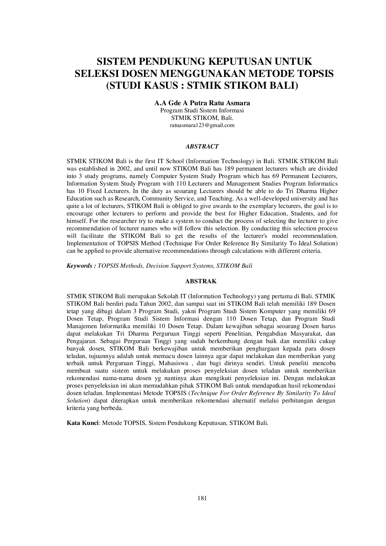 JURIS Sistem Pendukung Keputusan Untuk Seleksi Dosen Menggunakan Metode TOPSIS Studi Kasus STMIK STIKOM Bali