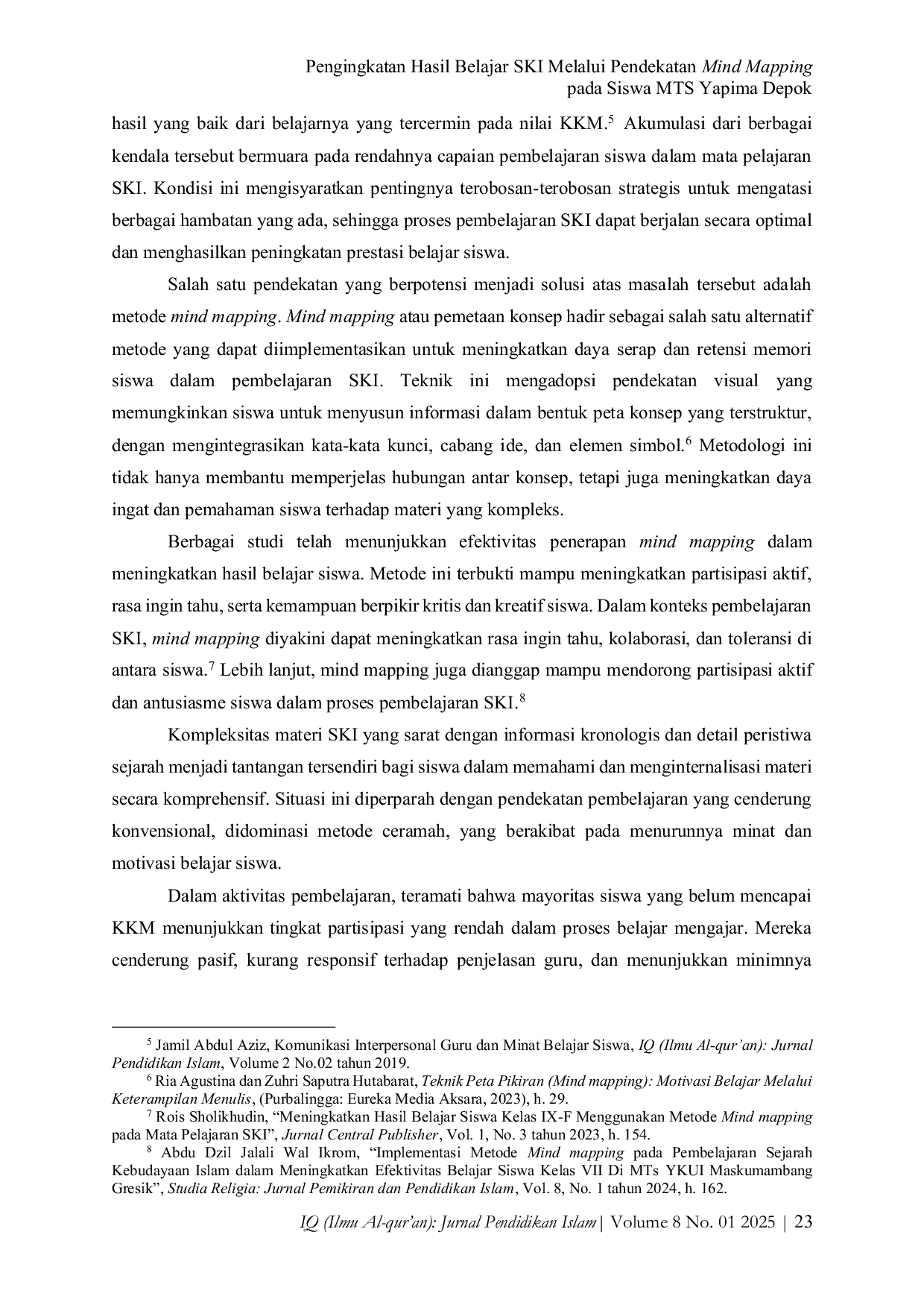 JURIS Peningkatan Hasil Belajar SKI melalui Pendekatan Mind Mapping pada Siswa MTs YAPIMA Depok
