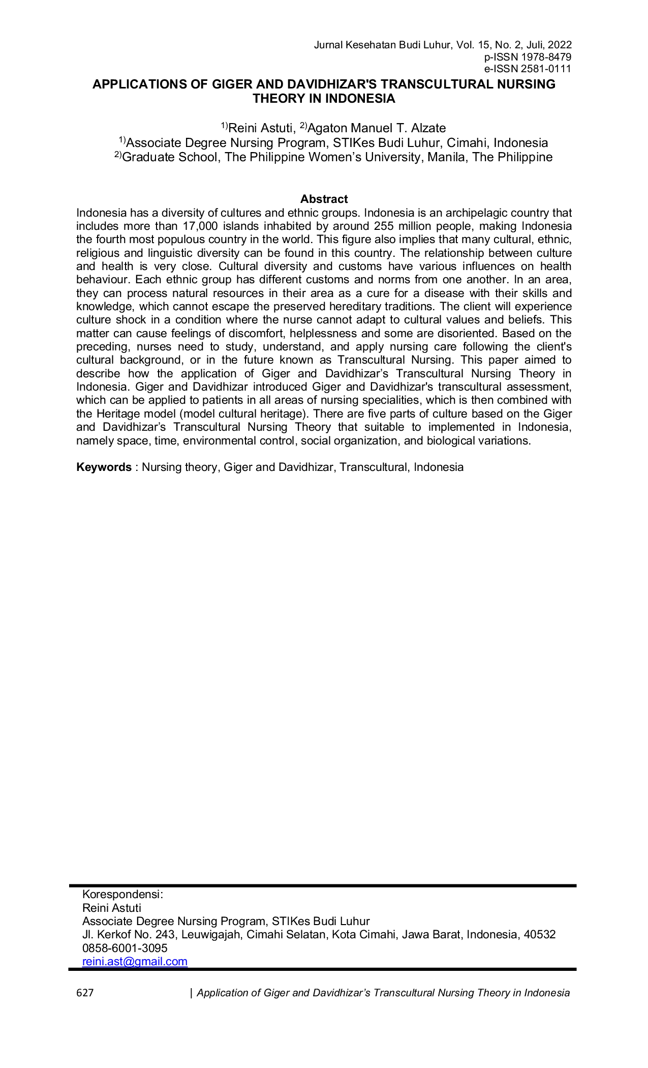 JURIS Applications of Giger and Davidhizar s Transcultural Nursing Theory in Indonesia