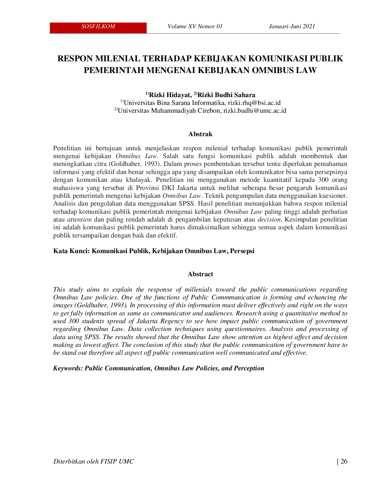 JURIS Respons Milenial Terhadap Kebijakan Komunikasi Publik Pemerintah Mengenai Kebijakan Omnibus Law