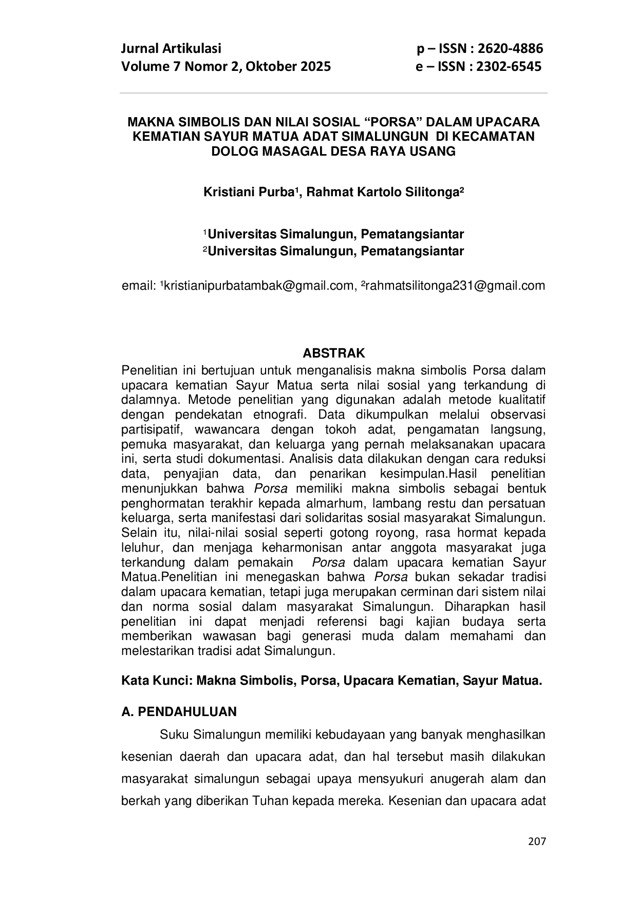 JURIS Makna Simbolis Dan Nilai Sosial PORSA Dalam Upacara Kematian Sayur Matua Adat Simalungun Di Kecamatan Dolog Masagal Desa Raya Usang
