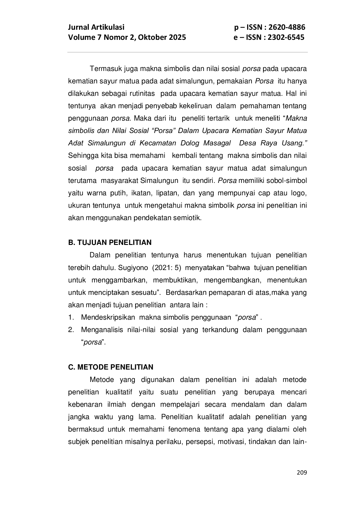 JURIS Makna Simbolis Dan Nilai Sosial PORSA Dalam Upacara Kematian Sayur Matua Adat Simalungun Di Kecamatan Dolog Masagal Desa Raya Usang