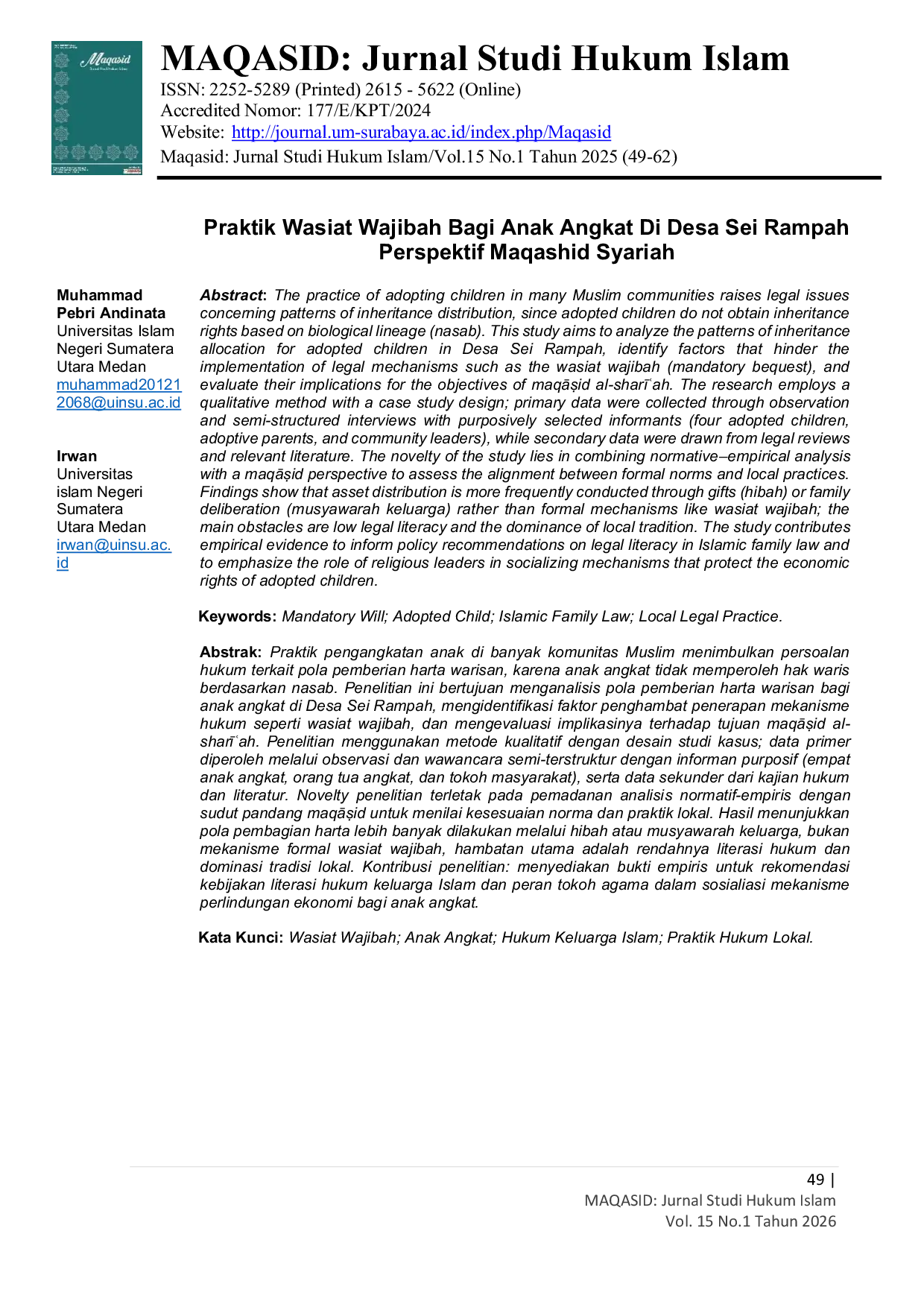 JURIS Praktik Wasiat Wajibah Bagi Anak Angkat Di Desa Sei Rampah Perspektif Maqashid Syariah