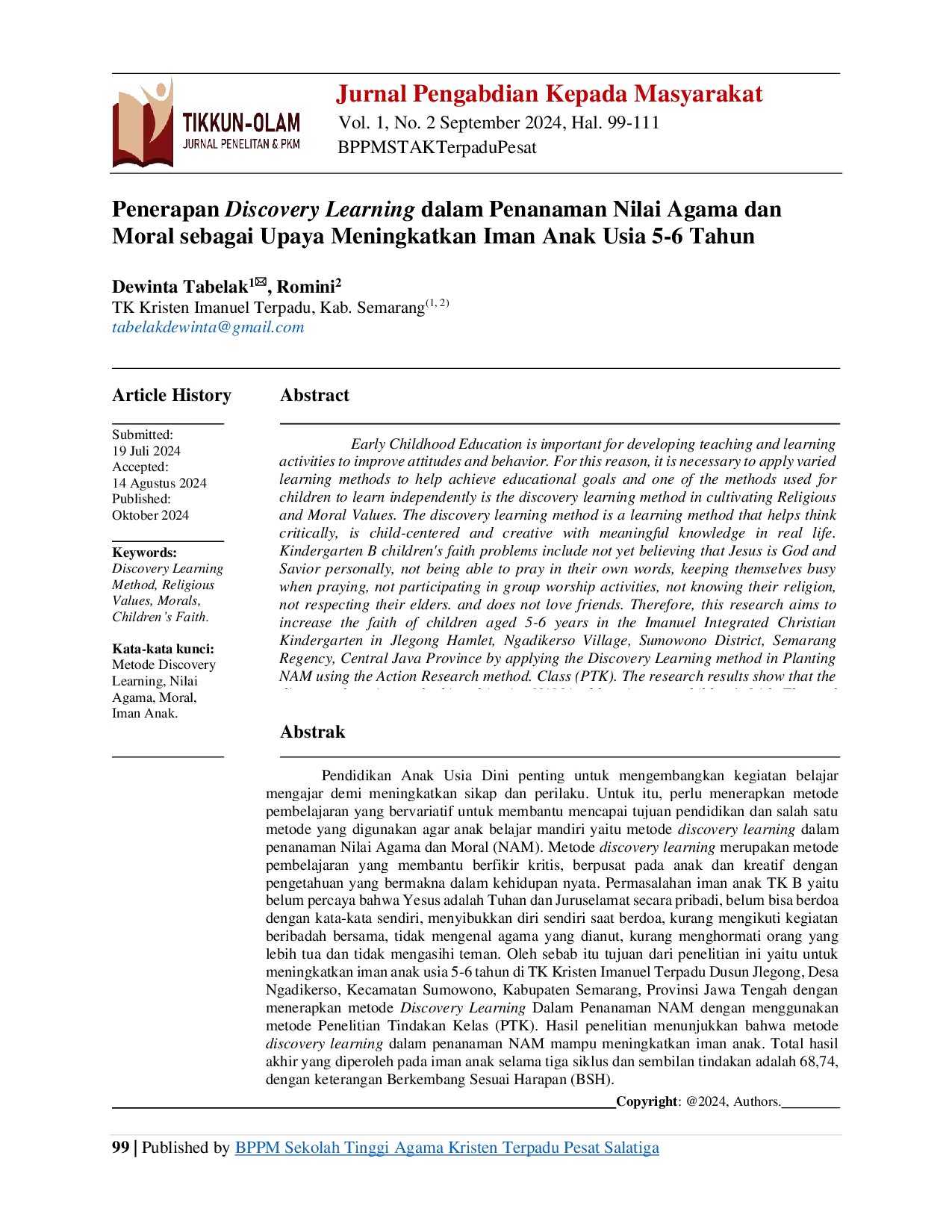 JURIS Penerapan Discovery Learning Dalam Penanaman Nilai Agama Dan Moral Sebagai Upaya Meningkatkan Iman Anak Usia 5 6 Tahun