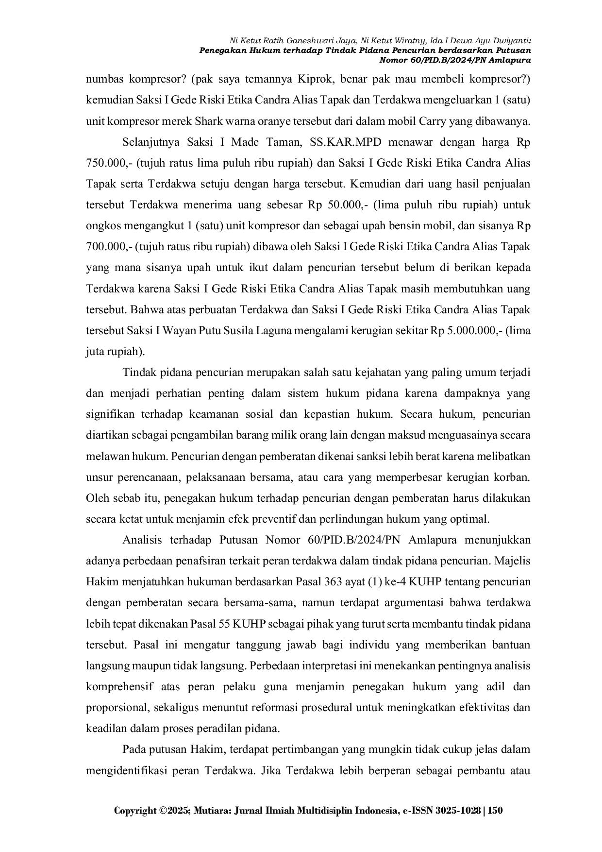 JURIS Penegakan Hukum terhadap Tindak Pidana Pencurian berdasarkan Putusan Nomor 60 PID B 2024 PN Amlapura
