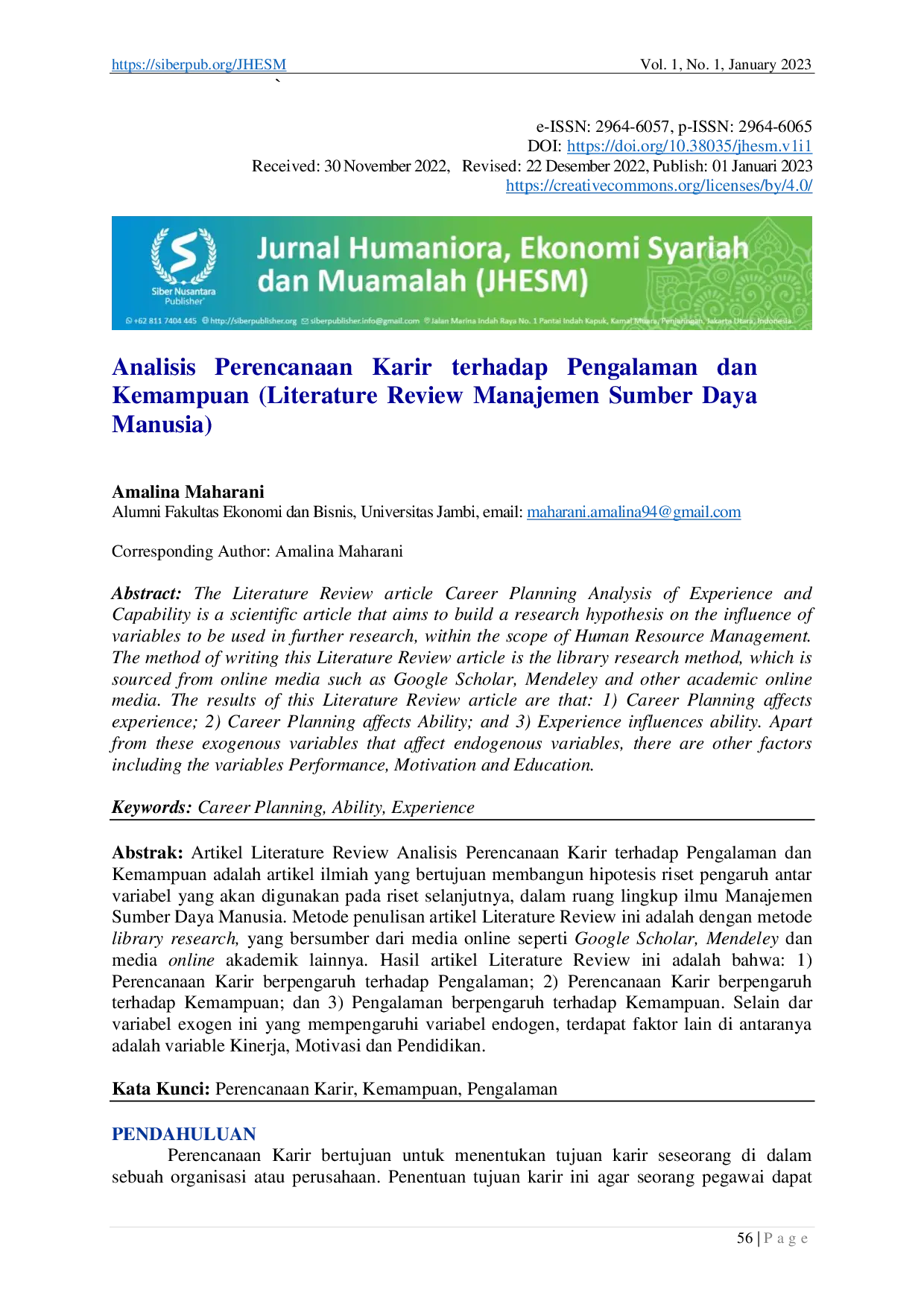 JURIS Analisis Perencanaan Karir terhadap Pengalaman dan Kemampuan Literature Review Manajemen Sumber Daya Manusia