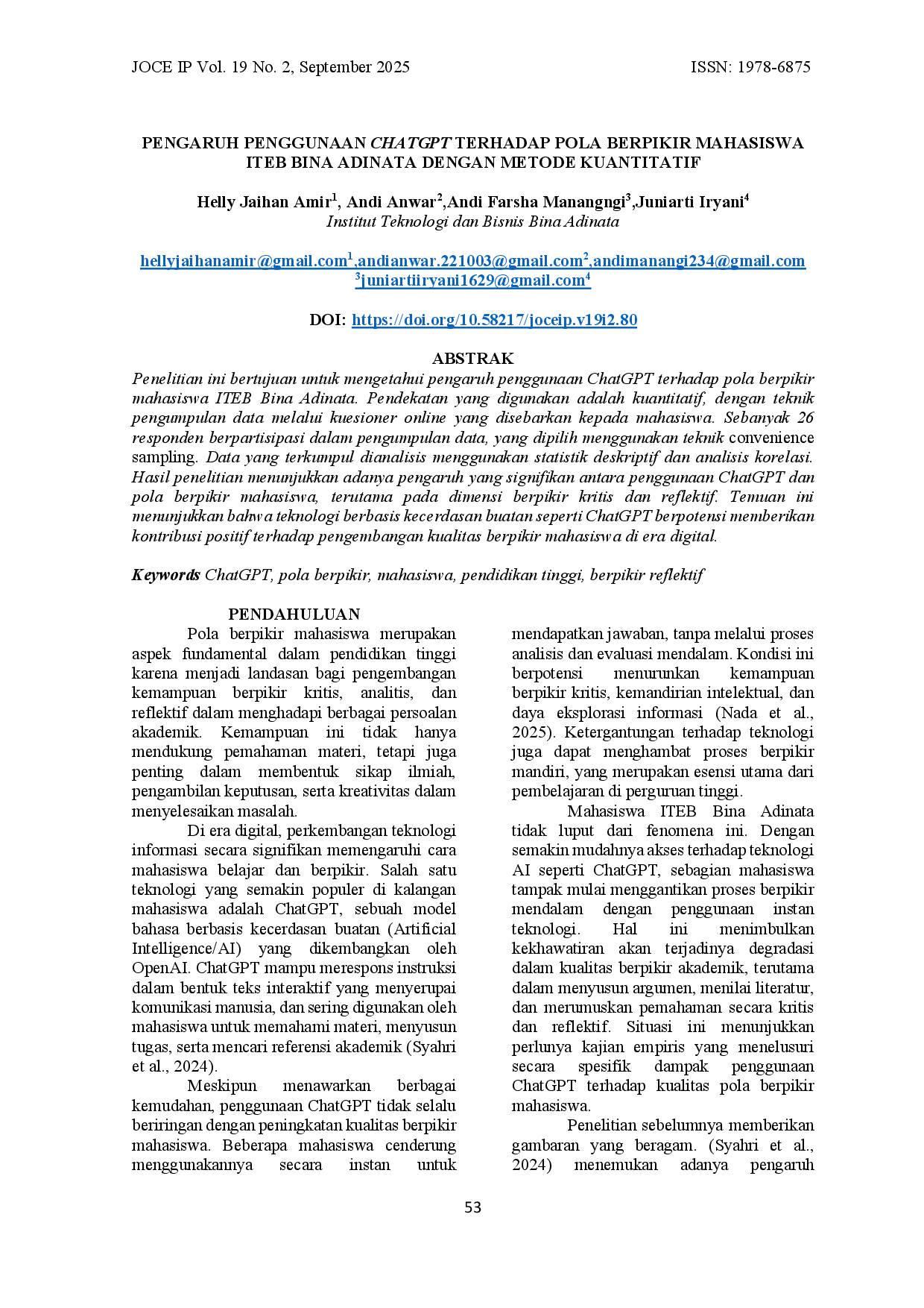 juris Pengaruh Penggunaan Chatgpt Terhadap Pola Berpikir Mahasiswa Iteb Bina Adinata Dengan Metode Kuantitatif