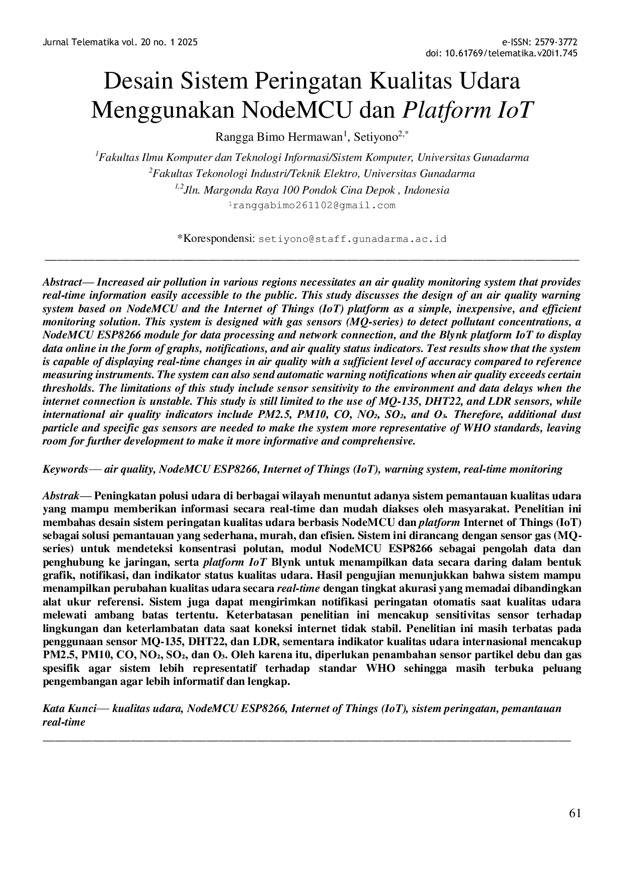 JURIS Air Quality Warning System Design Using NodeMCU and IoT Platform