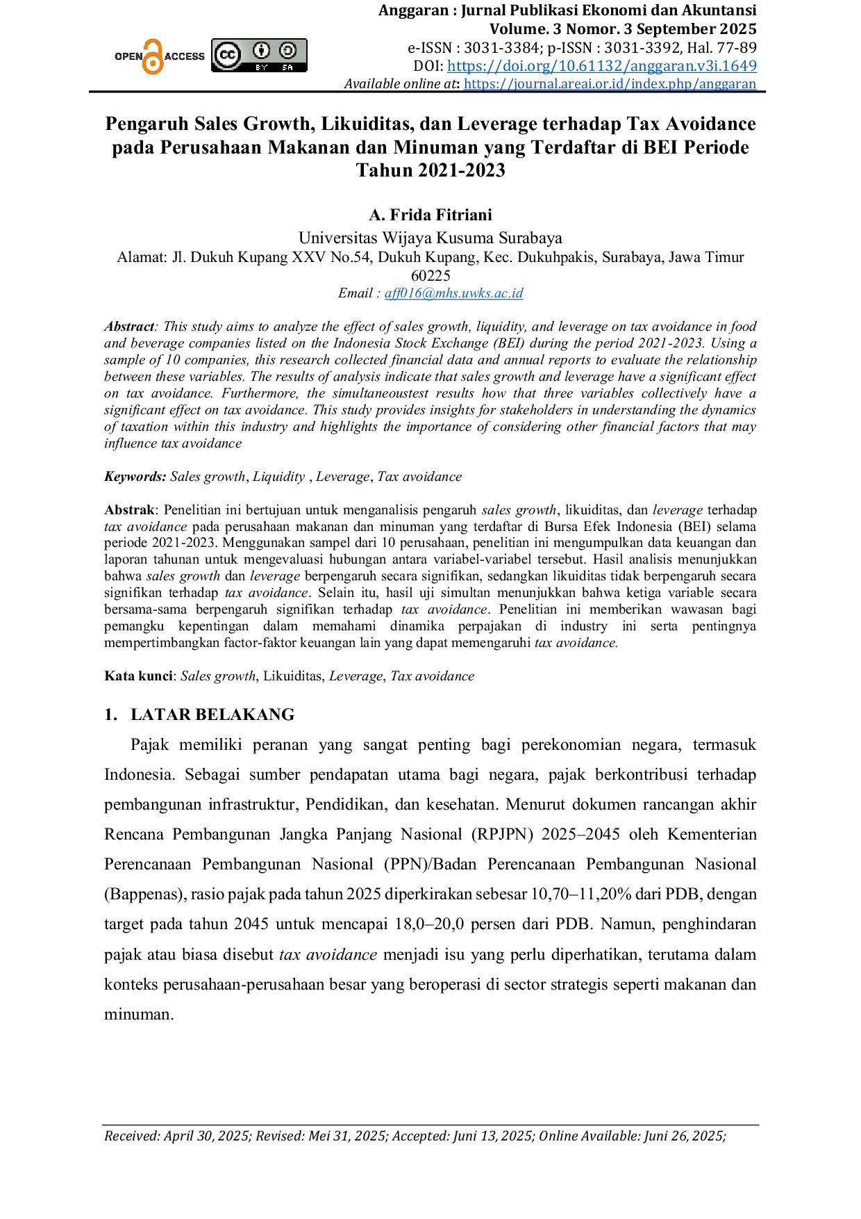 JURIS Pengaruh Sales Growth Likuiditas dan Leverage terhadap Tax Avoidance pada Perusahaan Makanan dan Minuman yang Terdaftar di BEI Periode Tahun 2021 2023