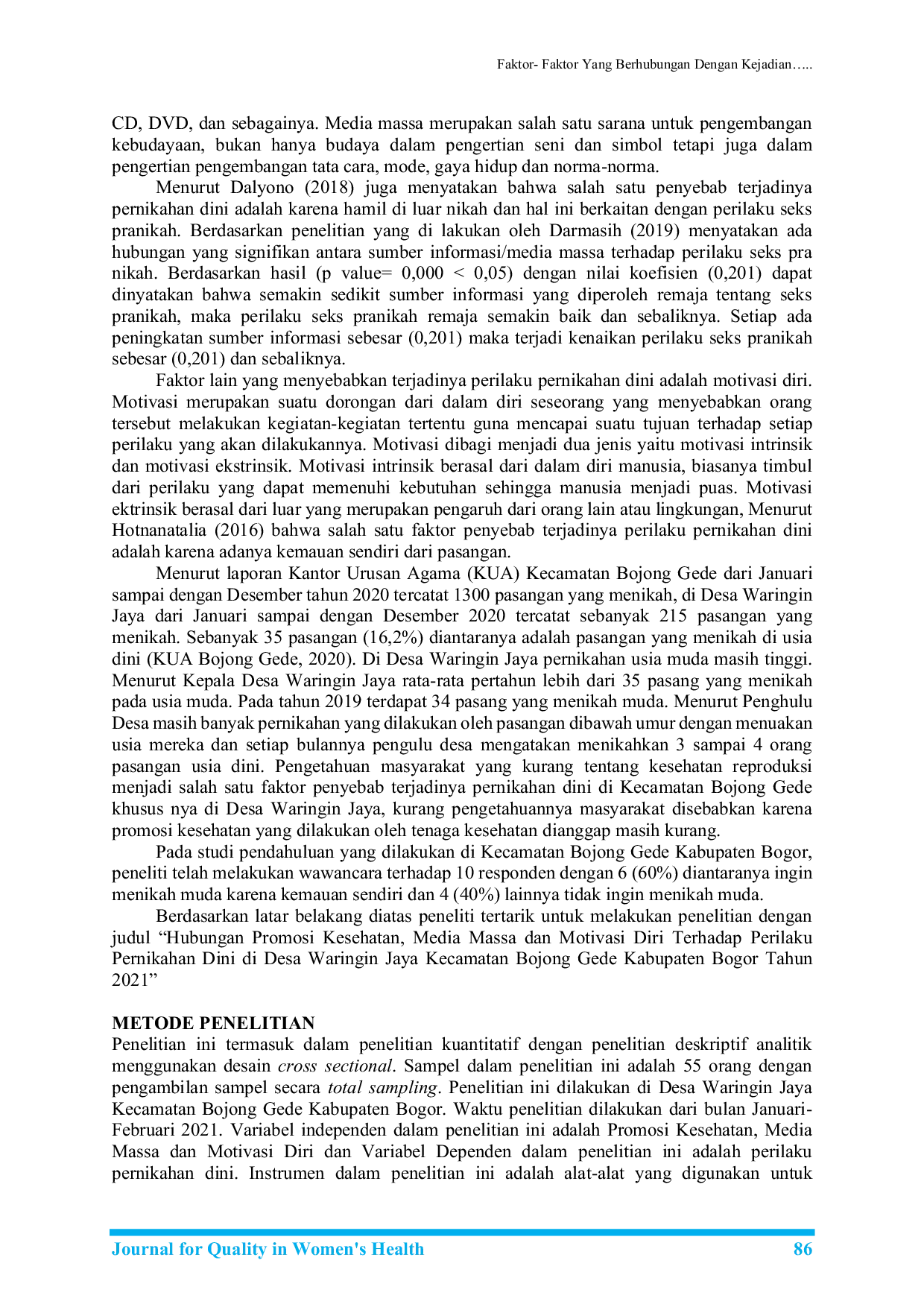 JURIS Hubungan Promosi Kesehatan Media Massa dan Motivasi Diri Terhadap Perilaku Pernikahan Dini di Desa Waringin Jaya Kecamatan Bojong Gede Kabupaten Bogor Tahun 2021