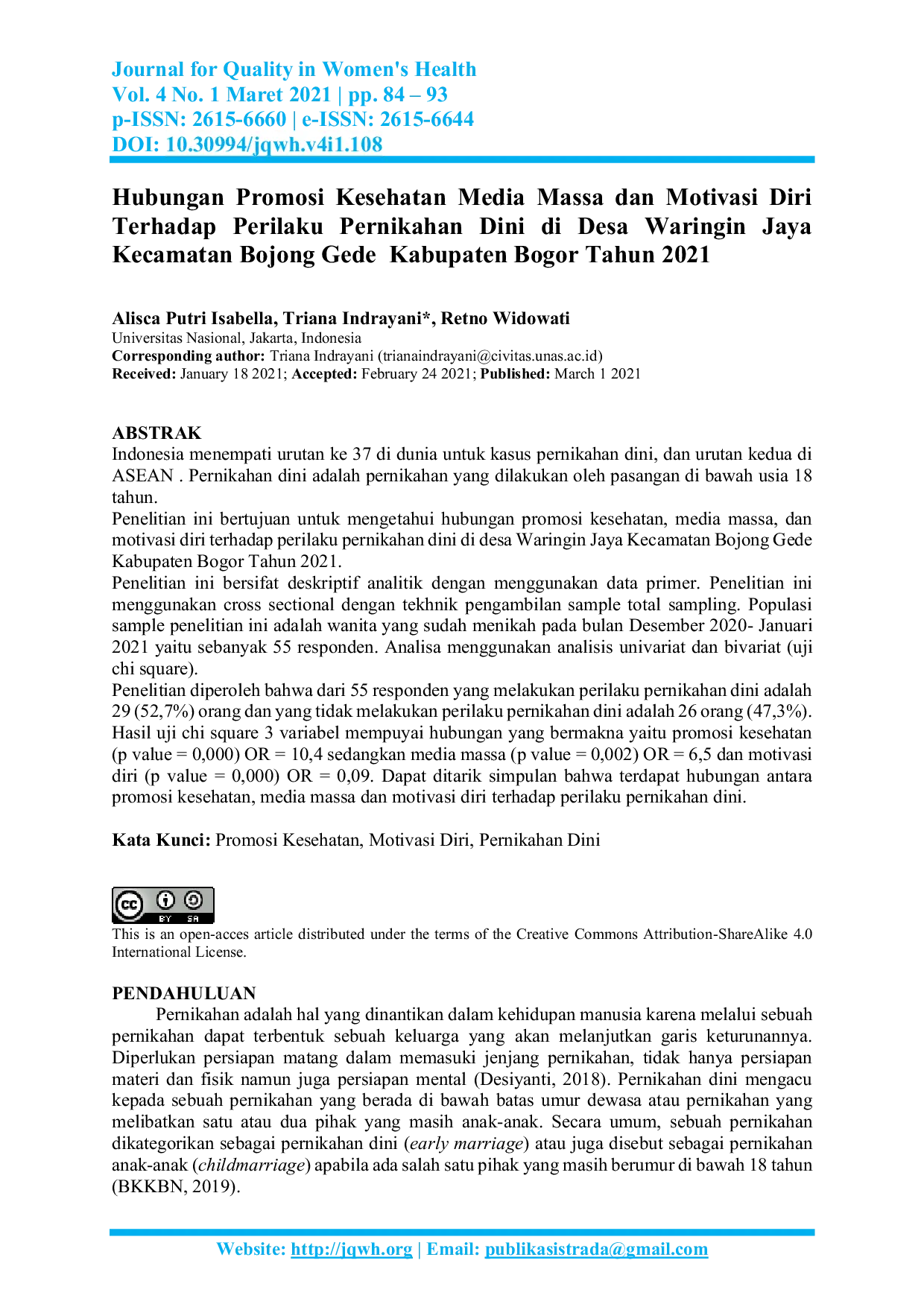 JURIS Hubungan Promosi Kesehatan Media Massa dan Motivasi Diri Terhadap Perilaku Pernikahan Dini di Desa Waringin Jaya Kecamatan Bojong Gede Kabupaten Bogor Tahun 2021