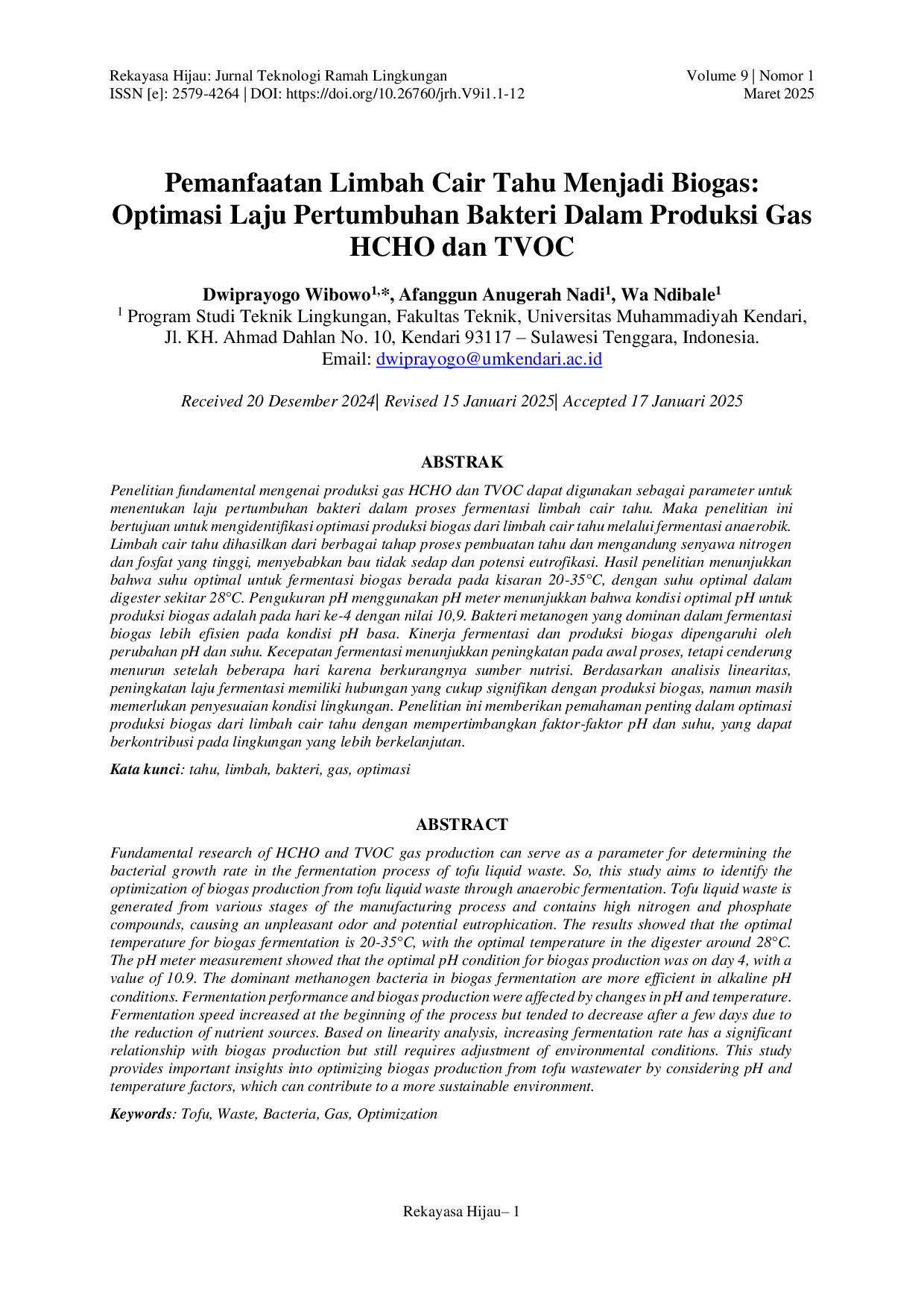 JURIS Pemanfaatan Limbah Cair Tahu Menjadi Biogas Optimasi Laju Pertumbuhan Bakteri Dalam Produksi Gas HCHO dan TVOC