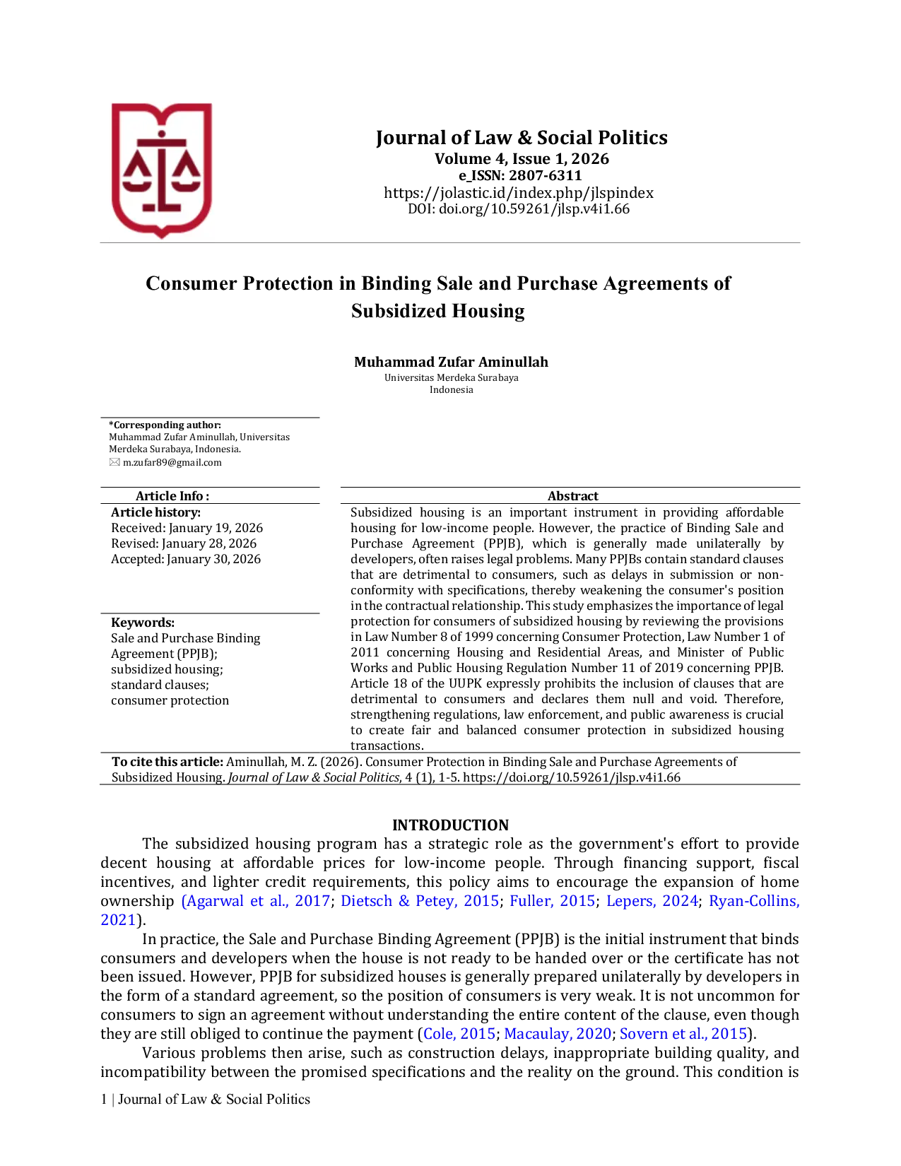 JURIS Consumer Protection in Binding Sale and Purchase Agreements of Subsidized Housing