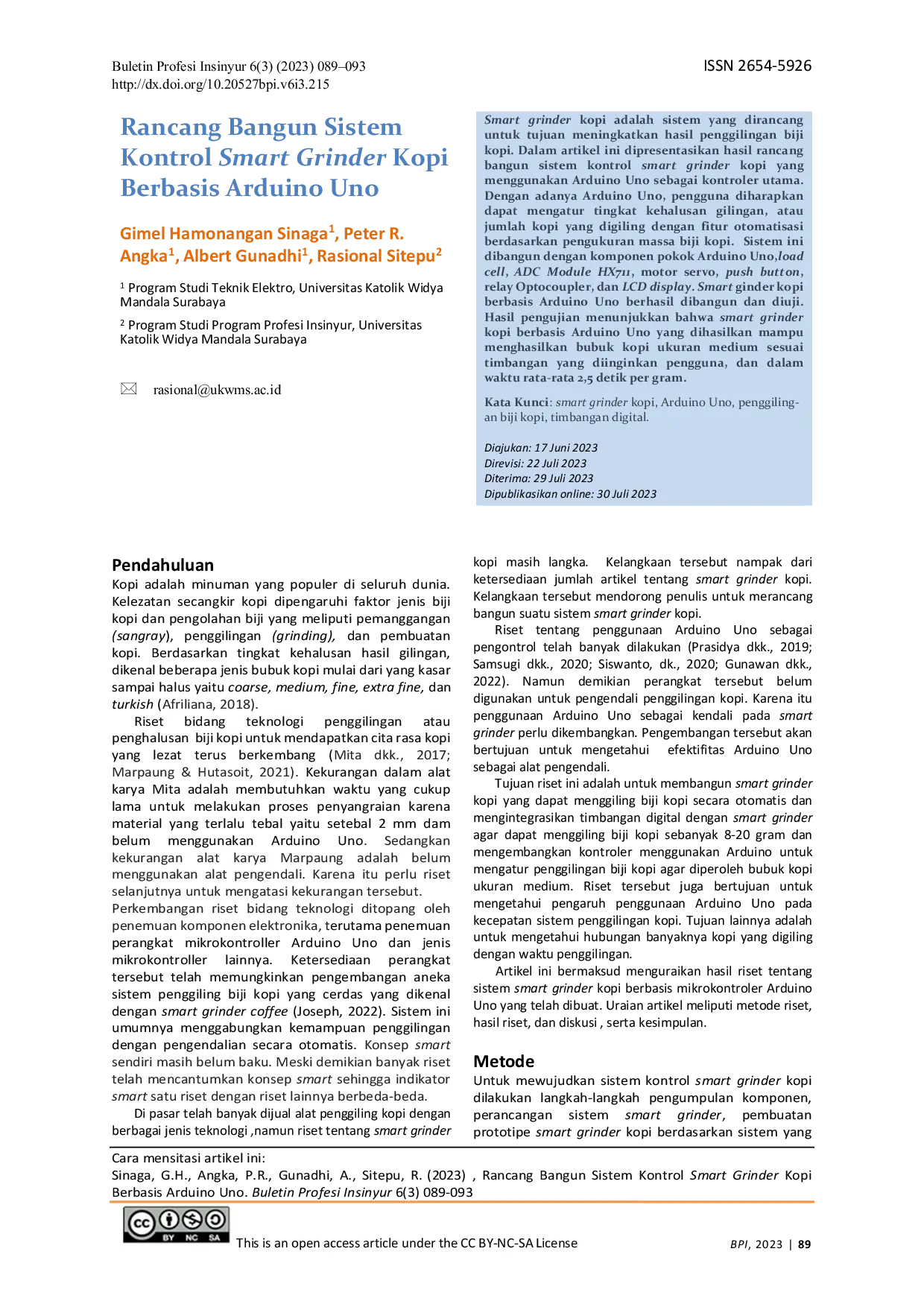 JURIS Rancang Bangun Sistem Kontrol Smart Grinder Kopi Berbasis Arduino Uno