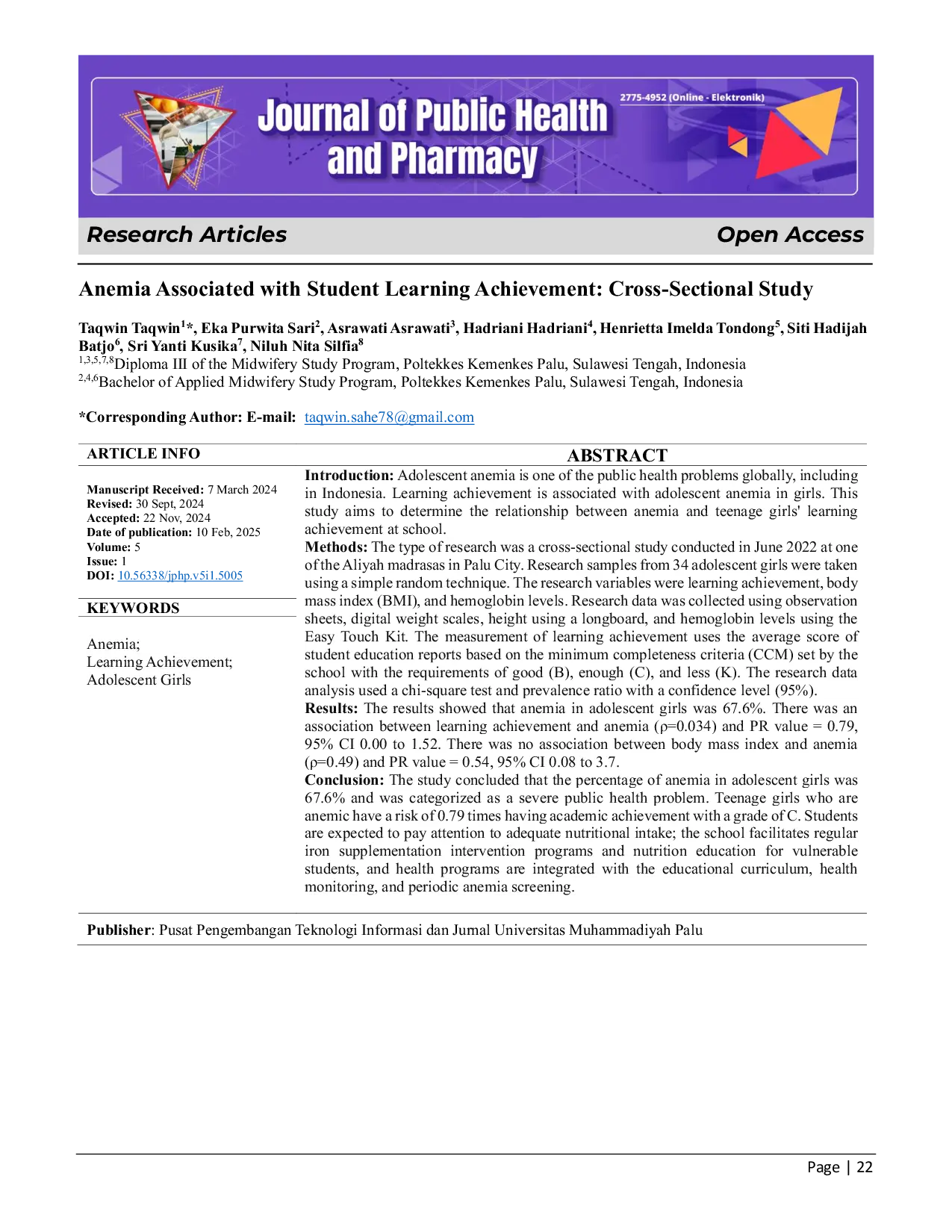 JURIS Anemia Associated with Student Learning Achievement Cross Sectional Study