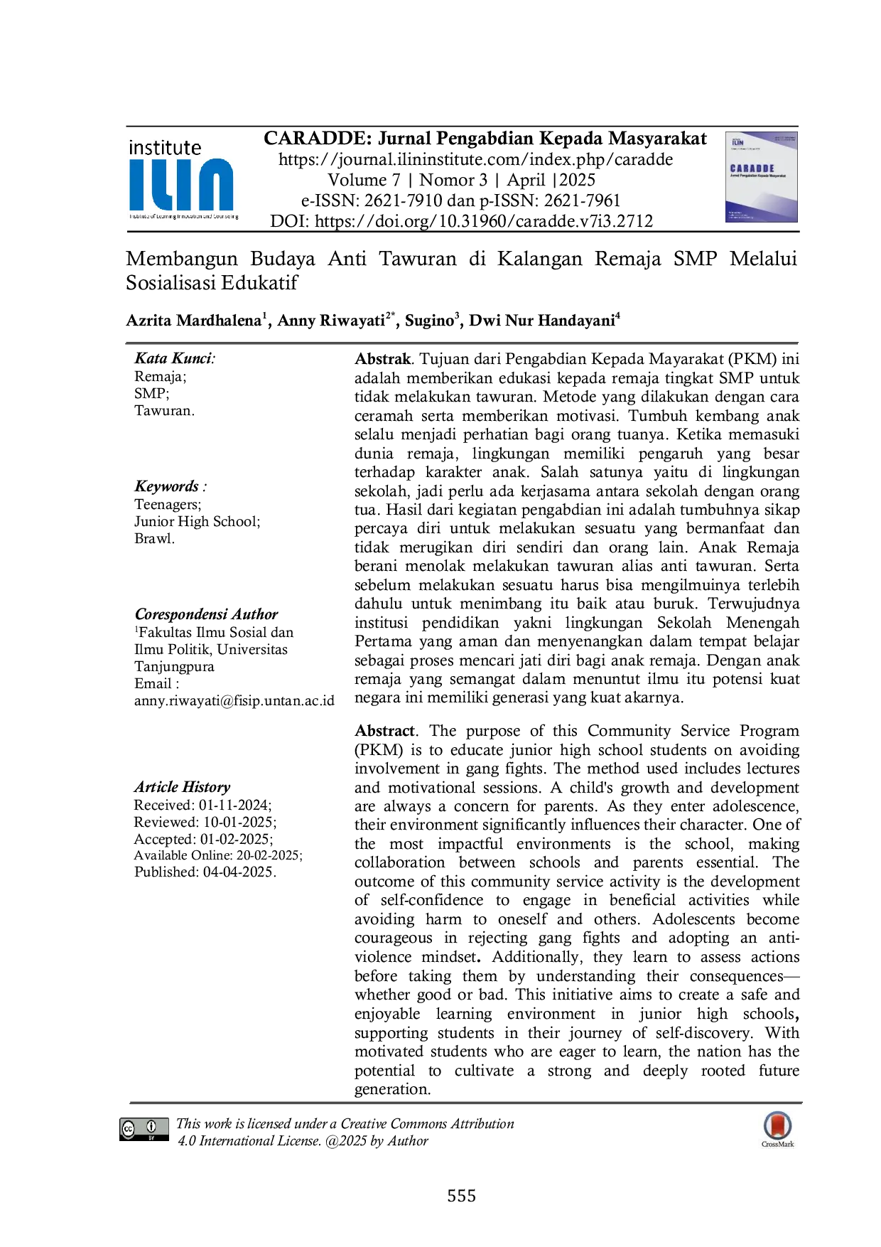 JURIS Membangun Budaya Anti Tawuran di Kalangan Remaja SMP Melalui Sosialisasi Edukatif