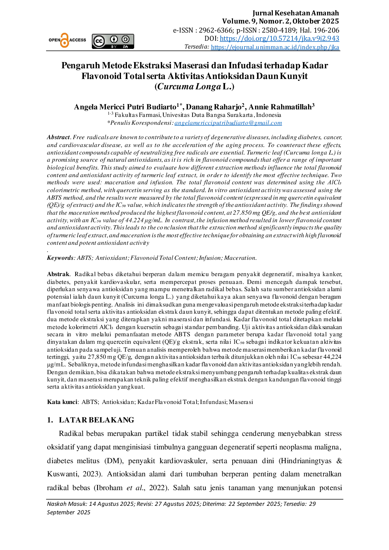 JURIS Pengaruh Metode Ekstraksi Maserasi dan Infudasi terhadap Kadar Flavonoid Total serta Aktivitas Antioksidan Daun Kunyit Curcuma Longa L