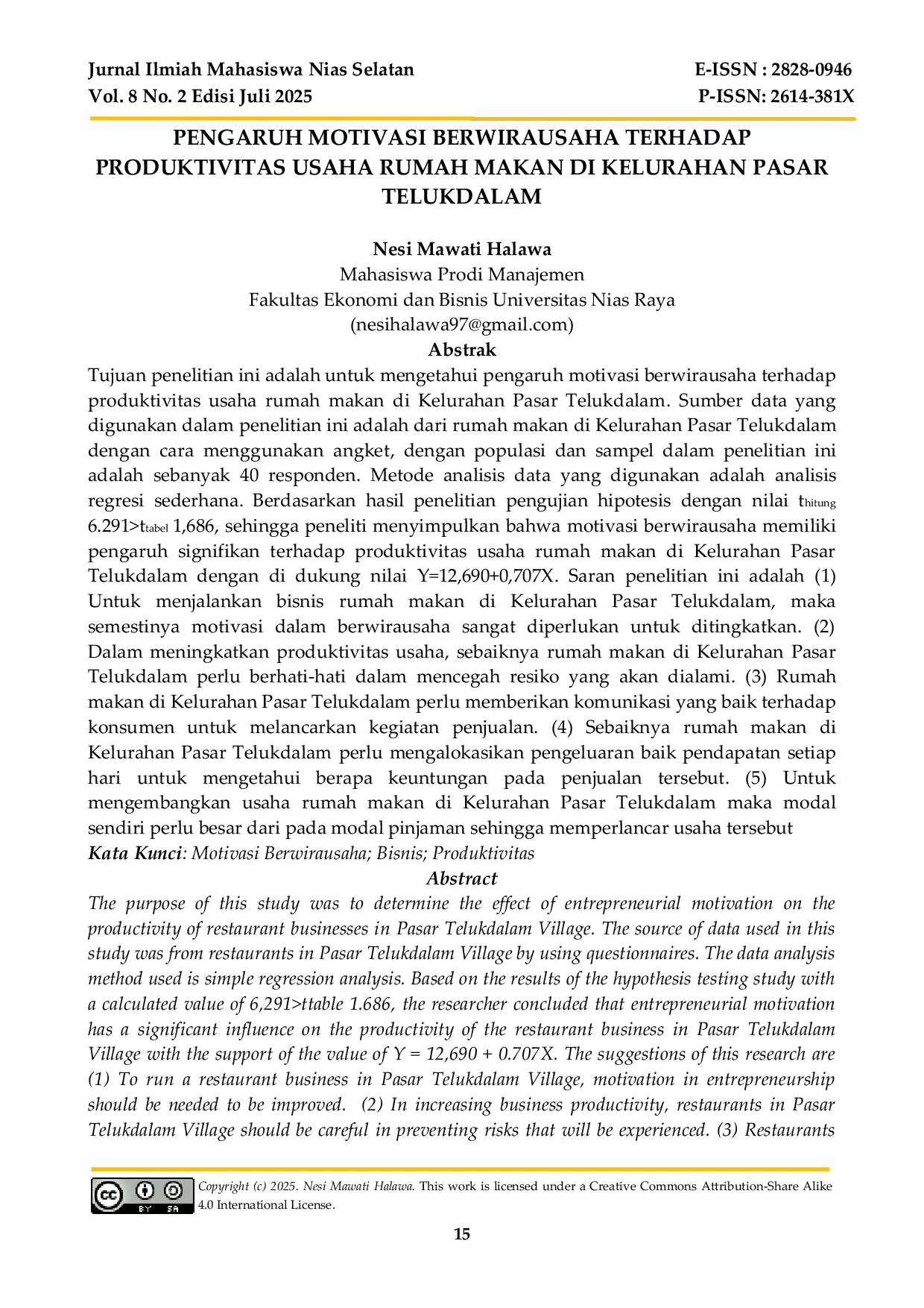 JURIS Pengaruh Motivasi Berwirausaha Terhadap Produktivitas Usaha Rumah Makan di Kelurahan Pasar Telukdalam