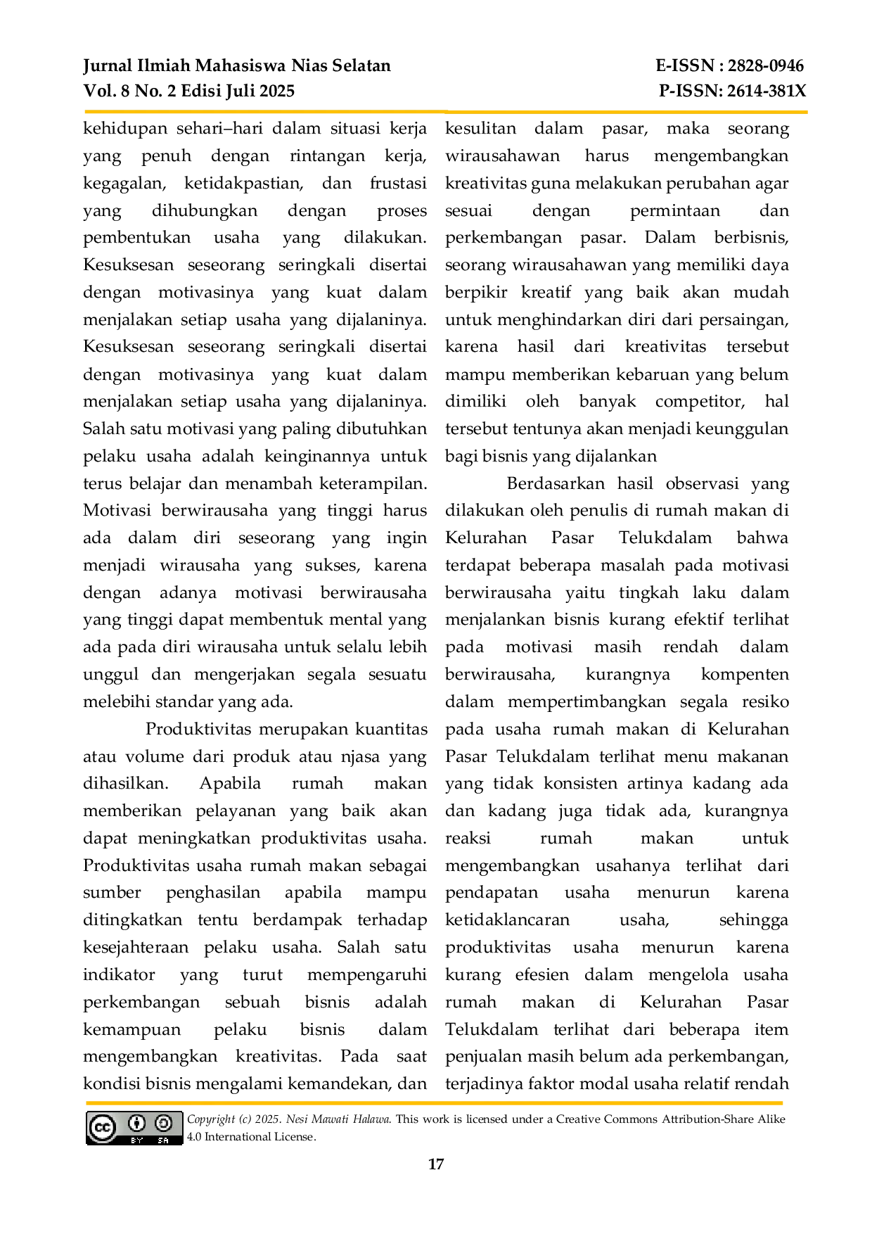 JURIS Pengaruh Motivasi Berwirausaha Terhadap Produktivitas Usaha Rumah Makan di Kelurahan Pasar Telukdalam