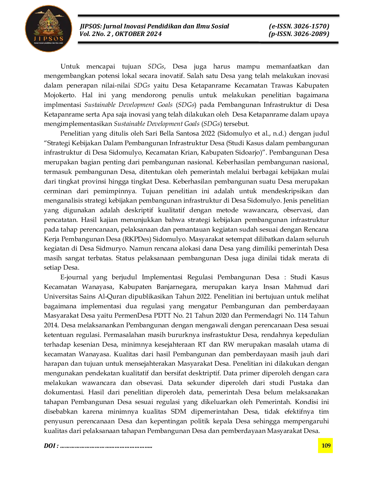 JURIS IMPLEMENTASI SUSTAINABLE DEVELOPMENT GOALS SDGs PADA INFRASTRUKTUR DAN INOVASI DI DESA WISATA KETAPANRAME KABUPATEN MOJOKERTO