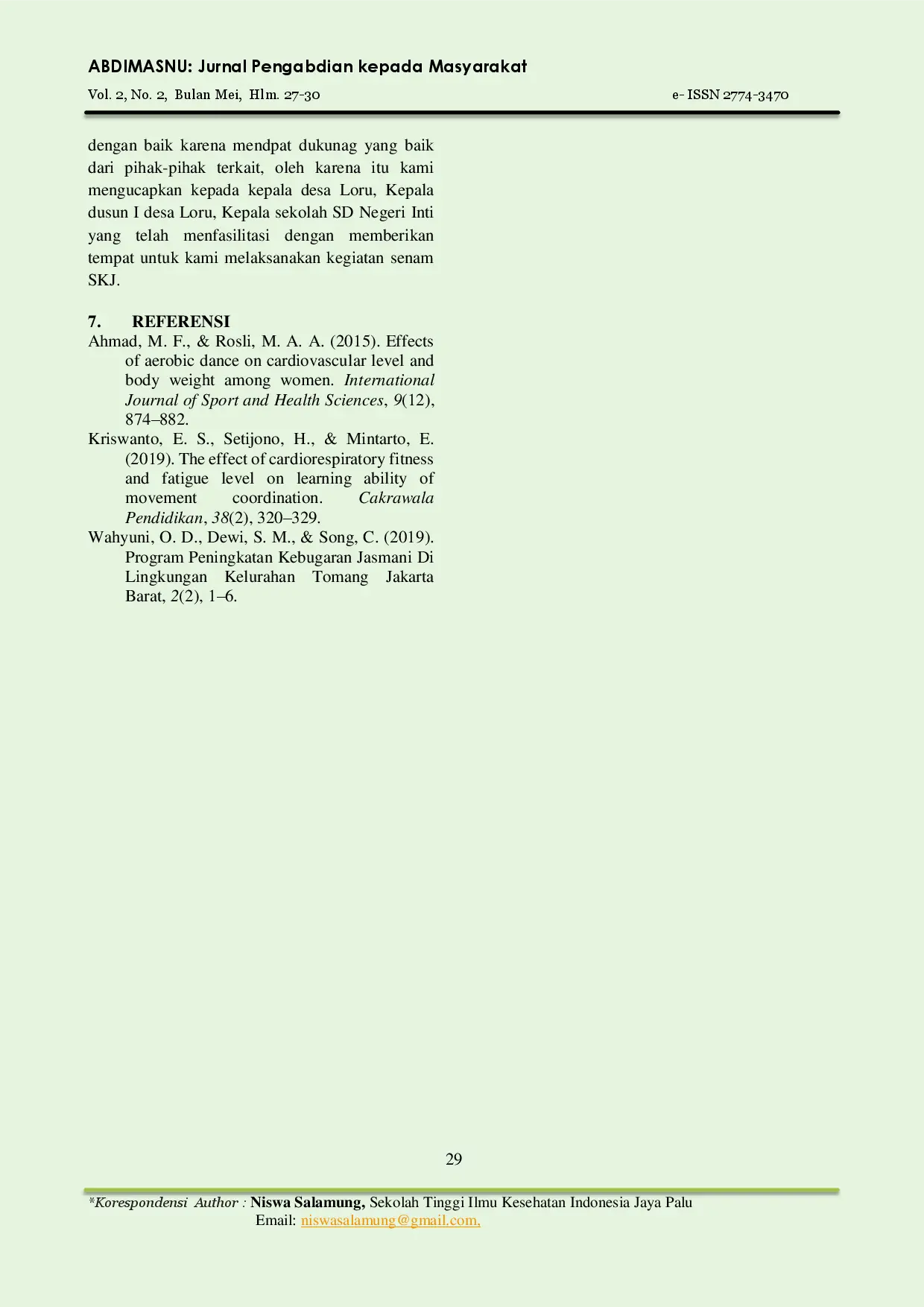 juris Pengenalan Senam Kesegaran Jasmani pada Masyarakat Dusun 1 Desa Loru Kecamatan Biromaru Kabupaten Sigi