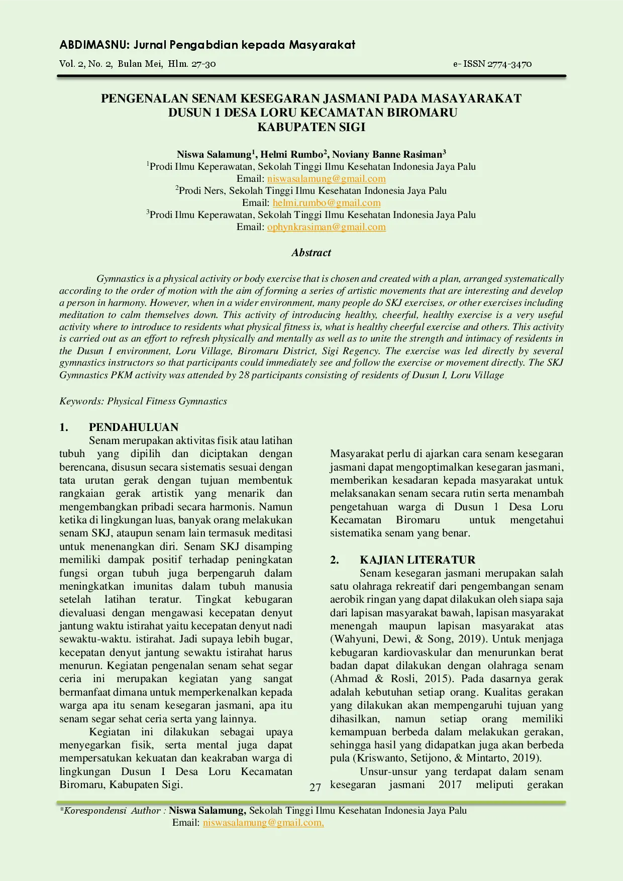 juris Pengenalan Senam Kesegaran Jasmani pada Masyarakat Dusun 1 Desa Loru Kecamatan Biromaru Kabupaten Sigi