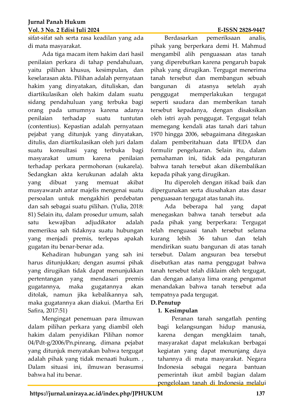 JURIS Analisis Yuridis Pertimbangan Hakim dalam Pembuktian Atas Kepemilikan Tanah Sengketa