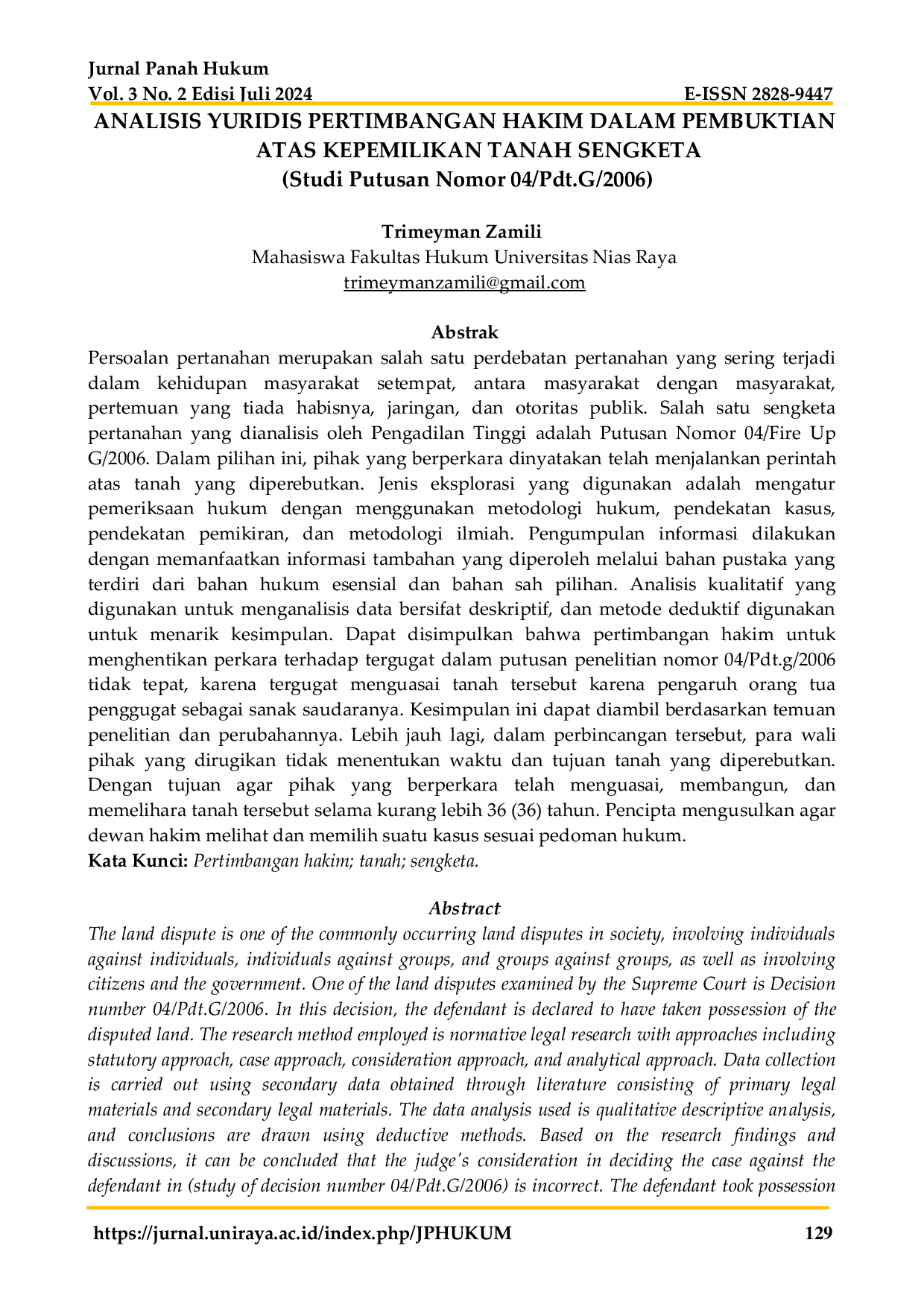 JURIS Analisis Yuridis Pertimbangan Hakim dalam Pembuktian Atas Kepemilikan Tanah Sengketa