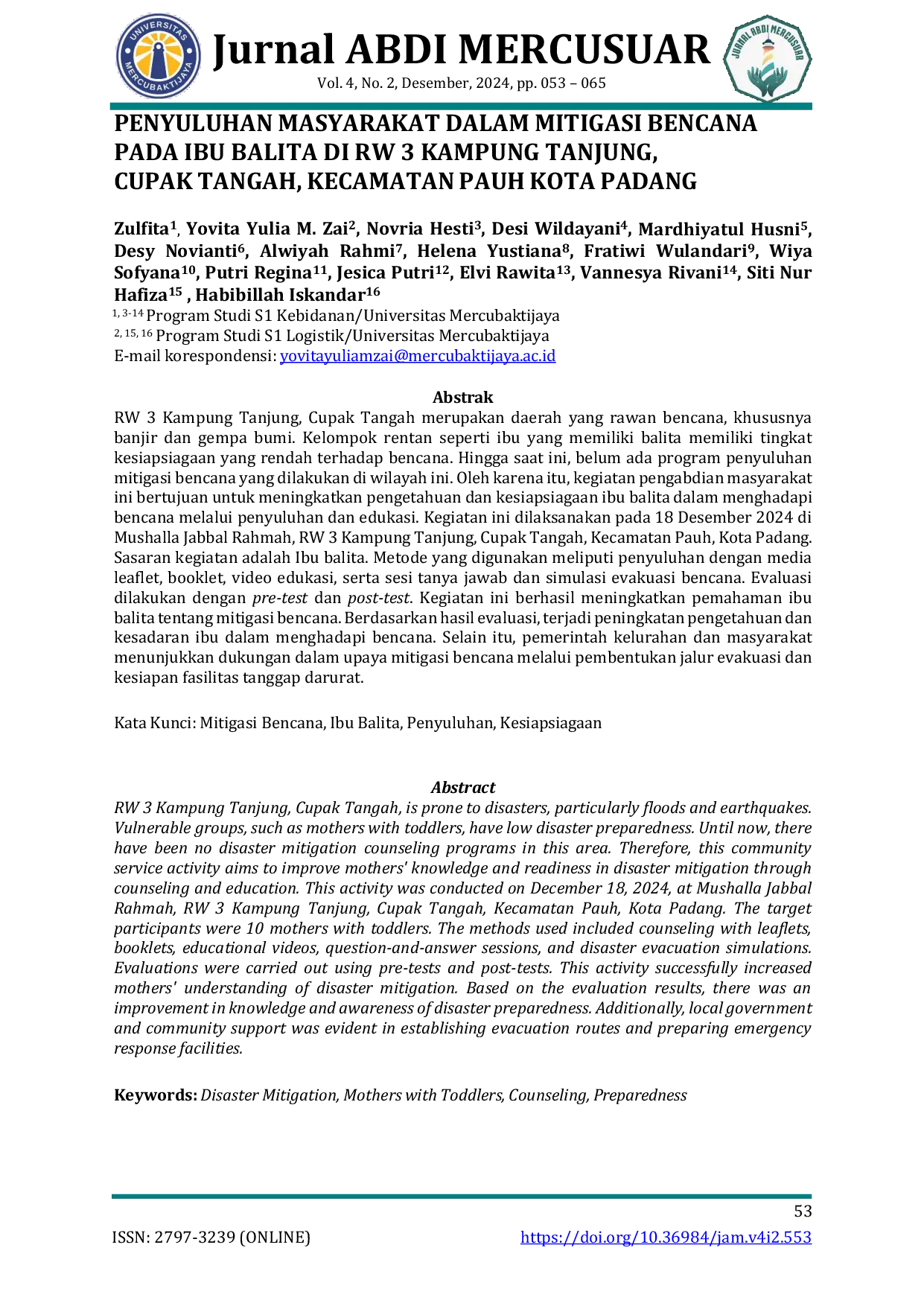 JURIS Penyuluhan Masyarakat Dalam Mitigasi Bencana Pada Ibu Balita Di Rw 3 Kampung Tanjung Cupak Tangah Kecamatan Pauh Kota Padang