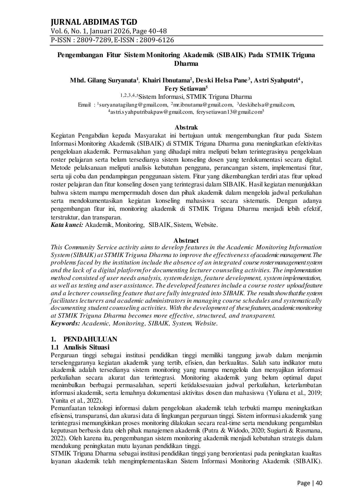 JURIS Pengembangan Fitur Sistem Monitoring Akademik SIBAIK Pada STMIK Triguna Dharma