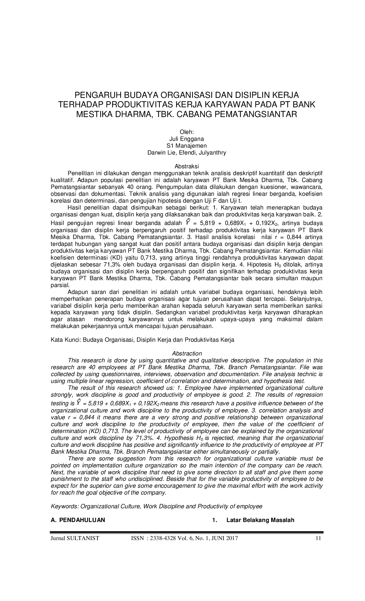 JURIS Pengaruh Budaya Organisasi dan Disiplin Kerja Terhadap Produktivitas Kerja Karyawan Pada PT Bank Mestika Dharma Tbk Cabang Pematangsiantar