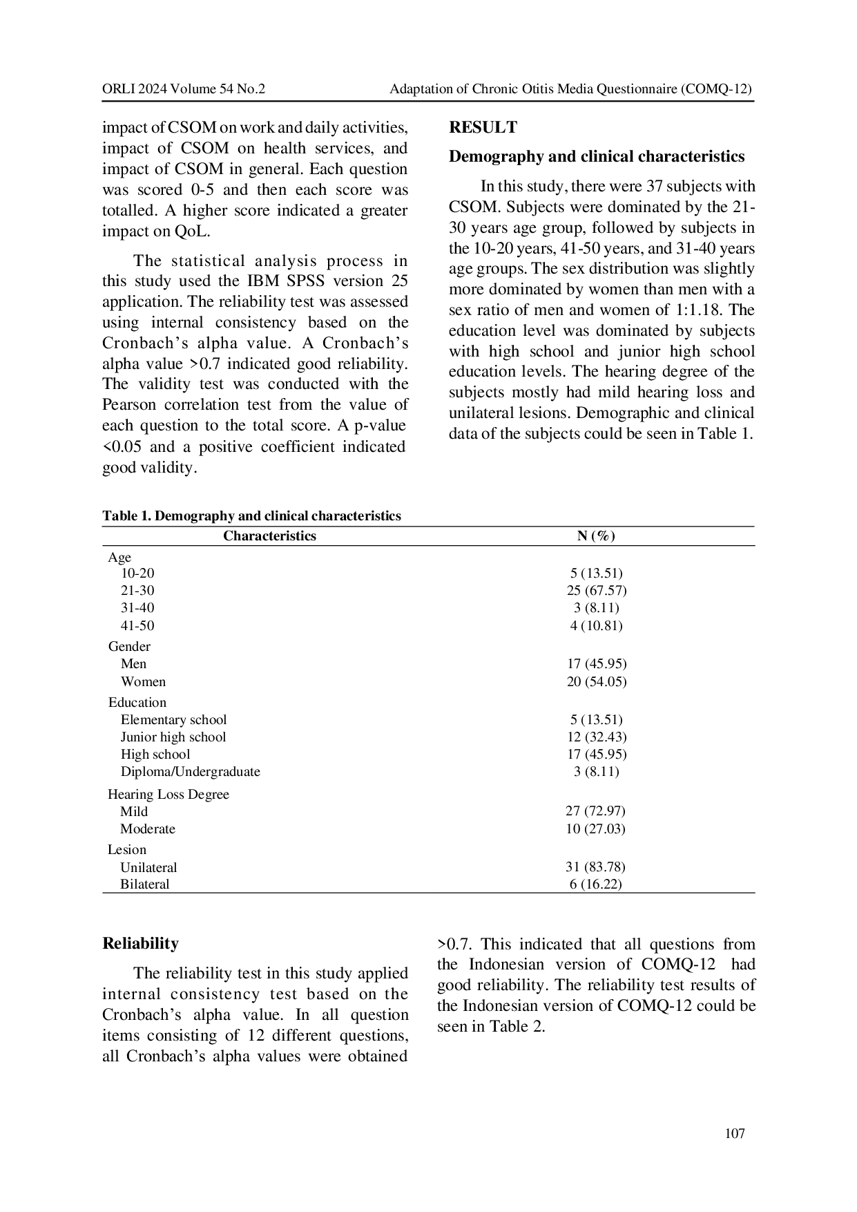 JURIS Adaptasi Chronic Otitis Media Questionnaire COMQ 12