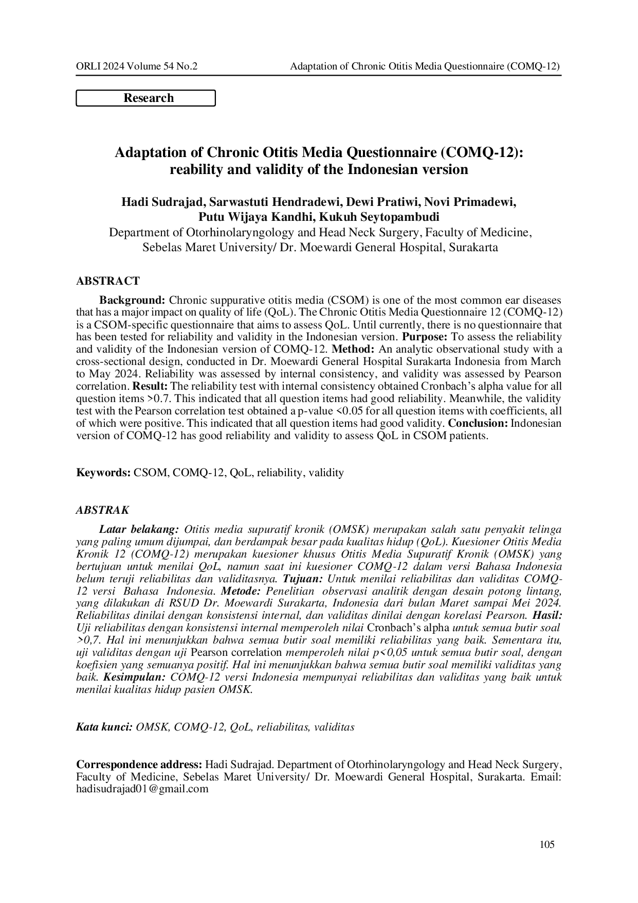 JURIS Adaptasi Chronic Otitis Media Questionnaire COMQ 12